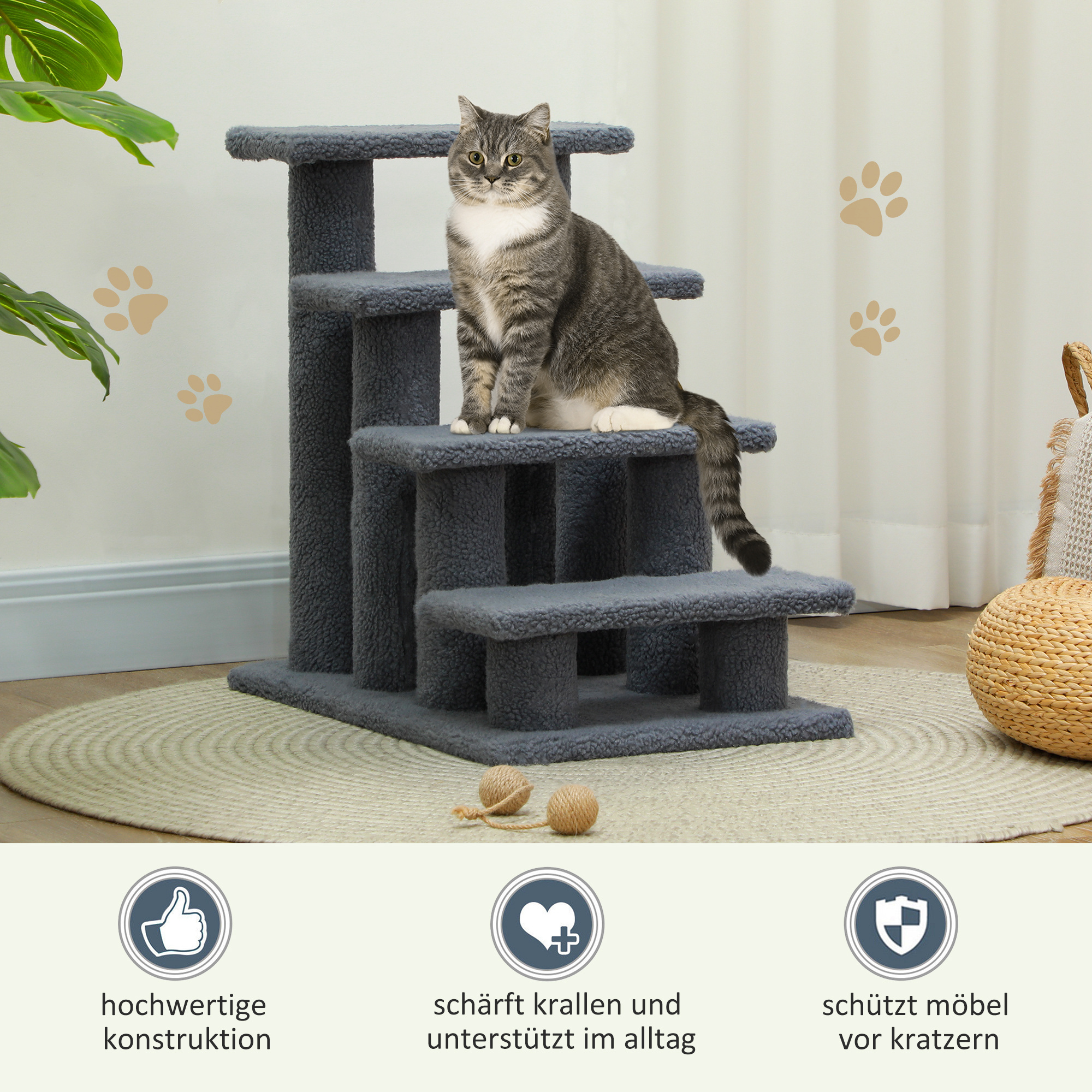 Tiertreppe Katzentreppe Hundetreppe Treppe für Katze und Hunde 4 Stufen Grau 63,5x43x60cm