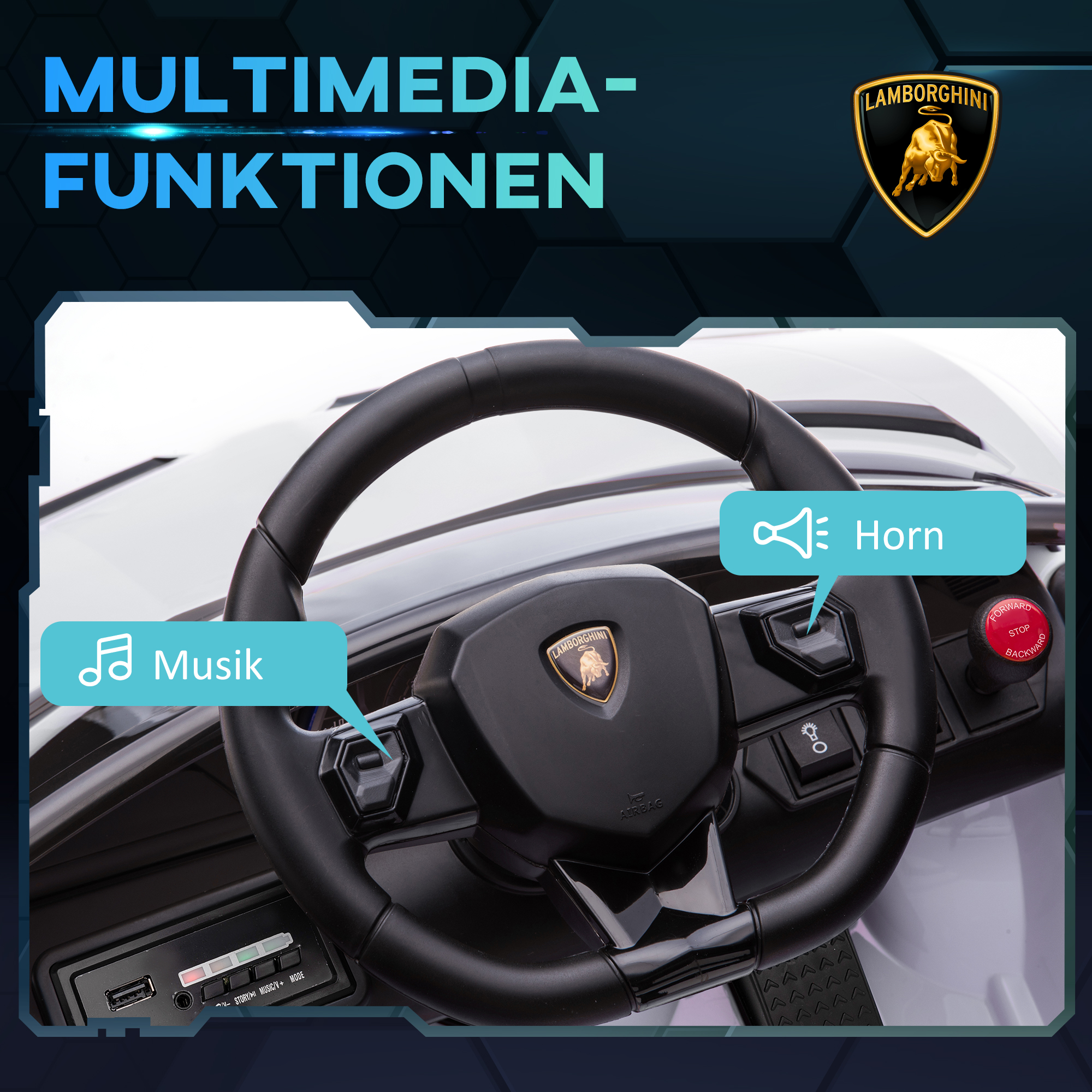 Elektro-Kinderauto, lizenzierter Lamborghini Aventador, Flügeltüren, Musik, Hupe, für 3-5 Jahre, Weiß