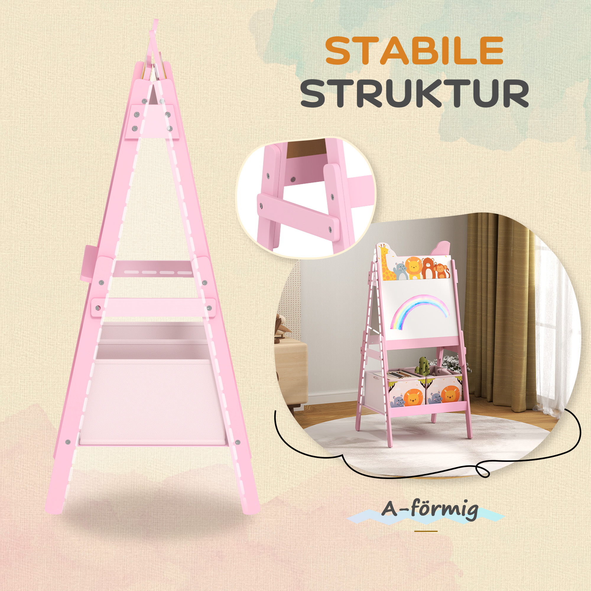 2-in-1 Kindermalstaffelei mit Whiteboard, Kreidetafel, Aufbewahrungsboxen, für Kinder im Alter von 3-8 Jahren, Rosa
