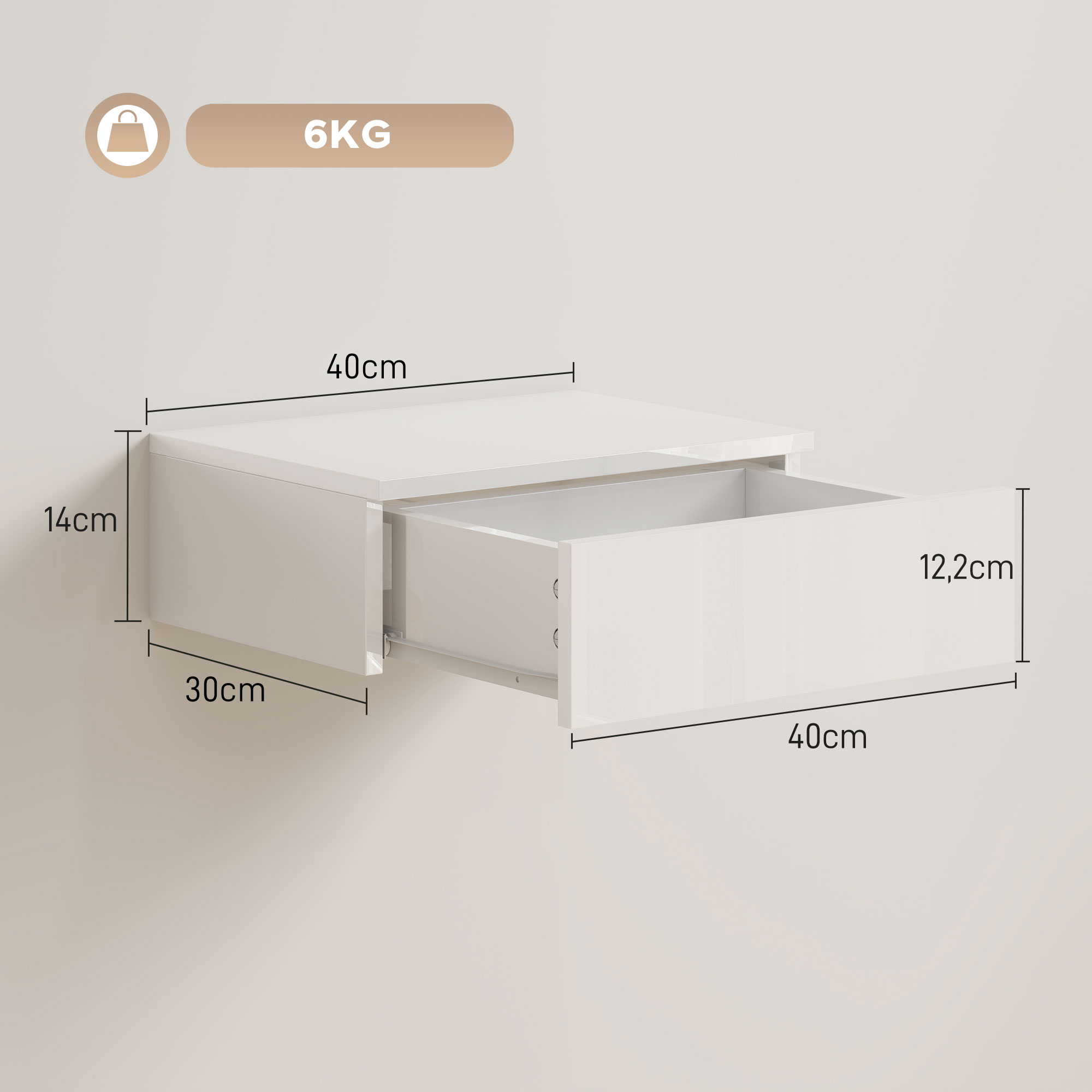 2er-Set Nachttische, wandmontiertes Design, Schublade, für Schlafzimmer, Spanplatte, Weiß