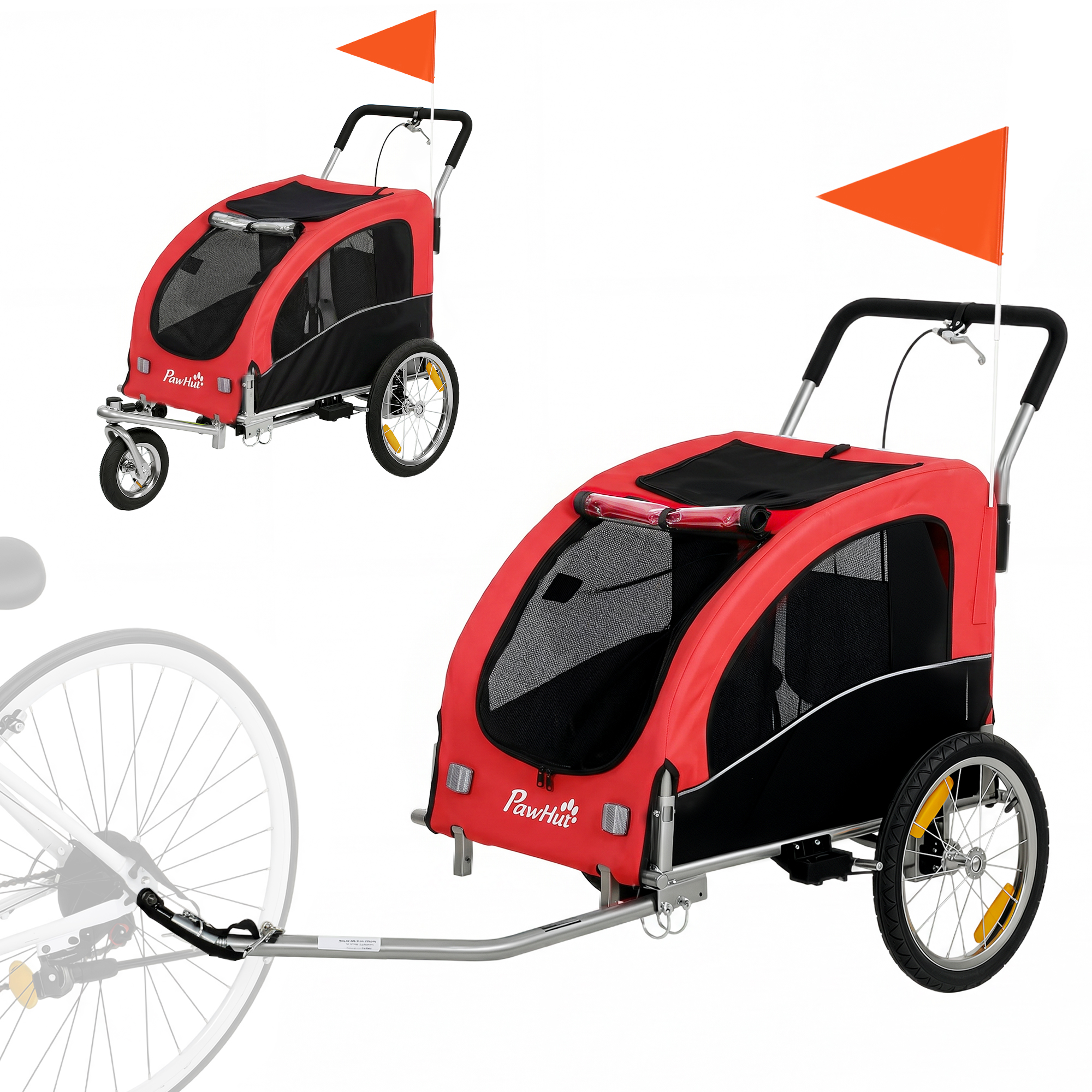 2-in-1 Hundeanhänger für Fahrrad Faltbarer Hundebuggy für kleine & mittelgroße Hunde bis 20 kg, Rot