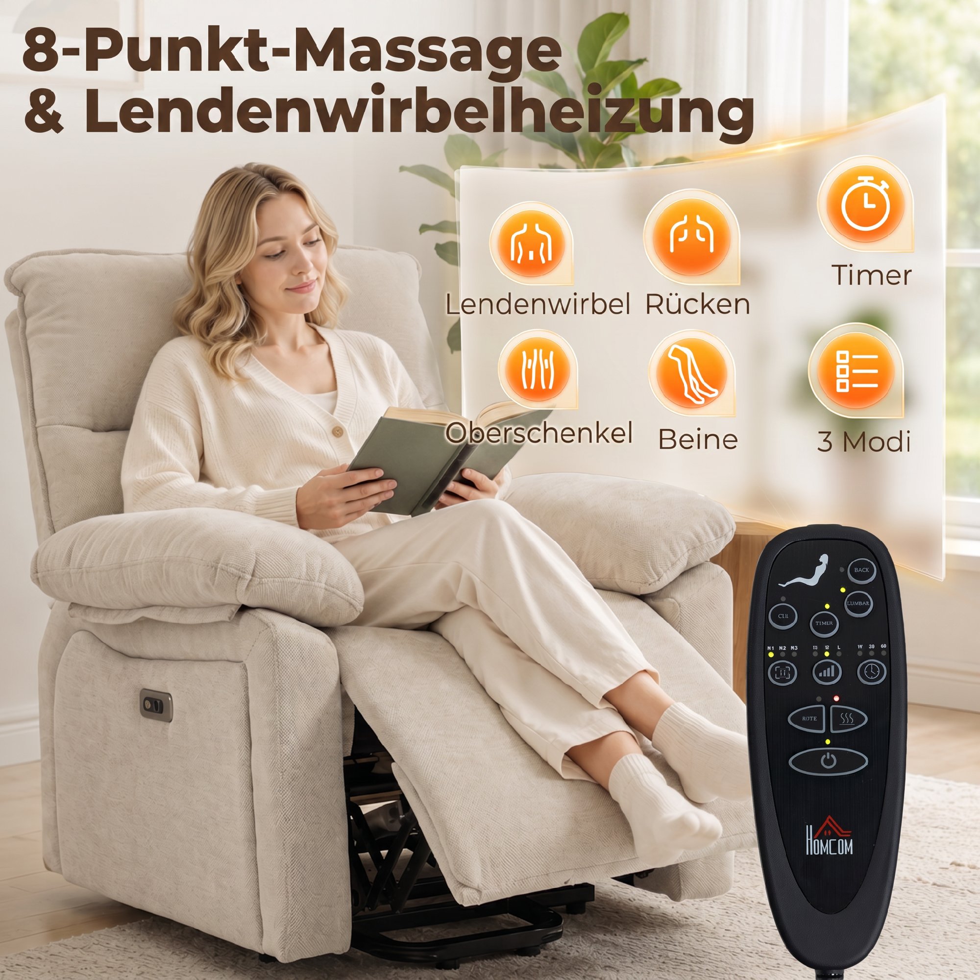 Elektrischer Aufstehsessel mit Massage & Wärme, Relaxsessel aus Chenille mit hochdichtem Schaumstoff und dicker Rückenlehne, Cremeweiß