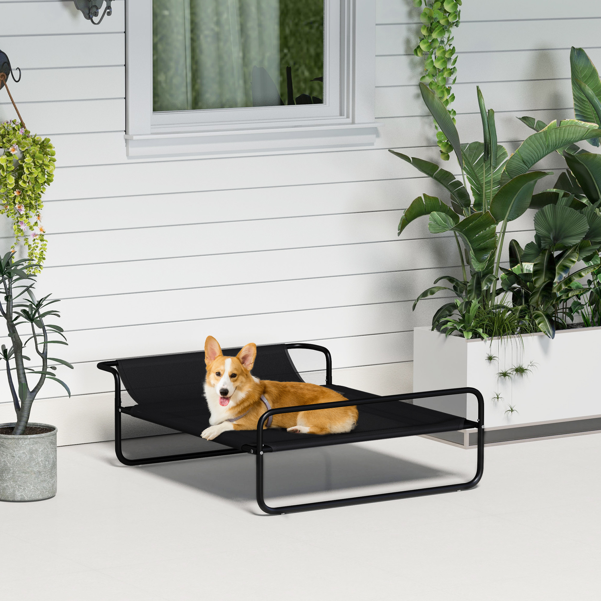 Hundebett, erhöhte Bauweise, Mesh-Bezug, Stahlrahmen, 29 x 91 x 69 cm, Schwarz
