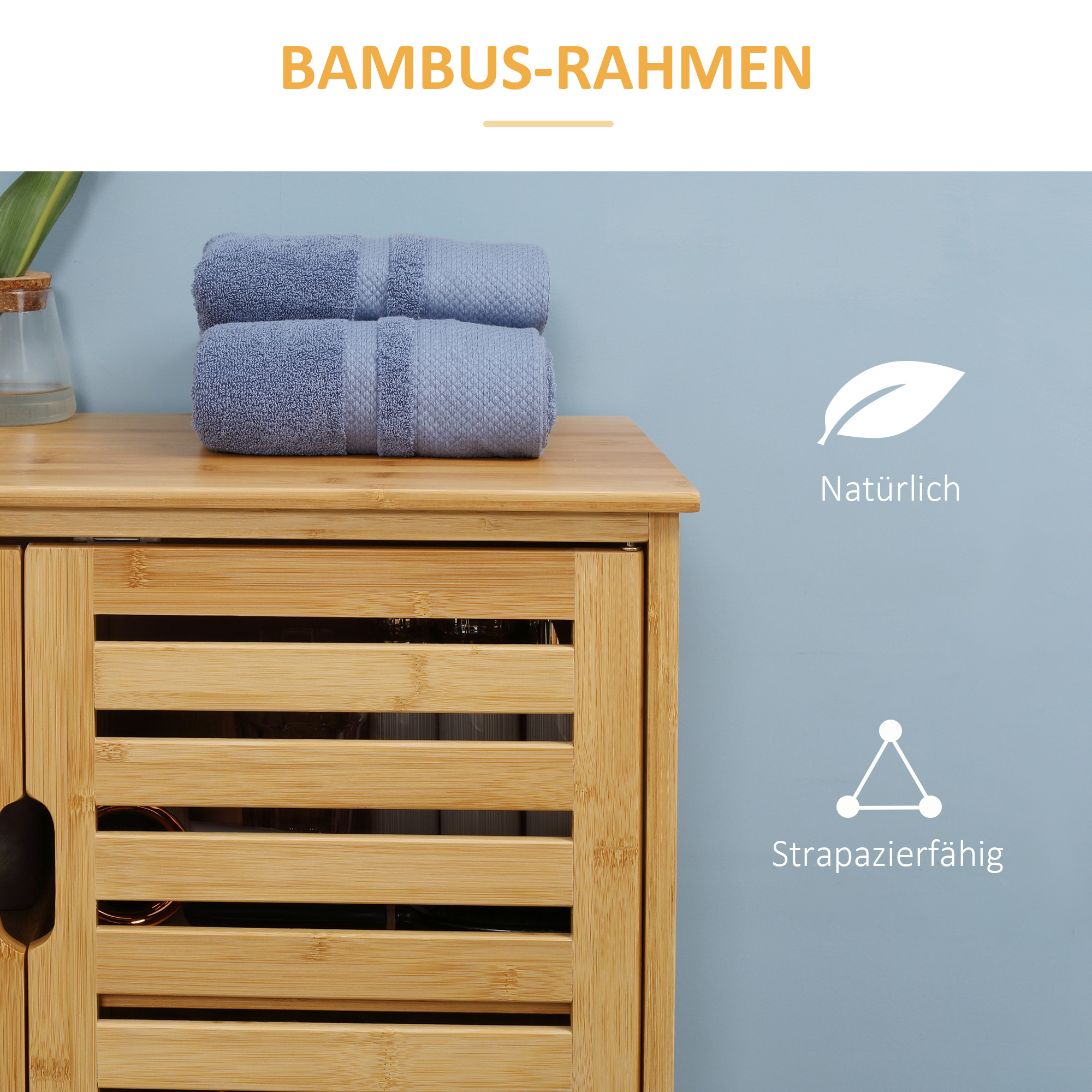Badezimmerschrank, Bambusschrank mit Lamellendesign für Badezimmer, Flur, kompakte Größe, viel Stauraum, Naturholz