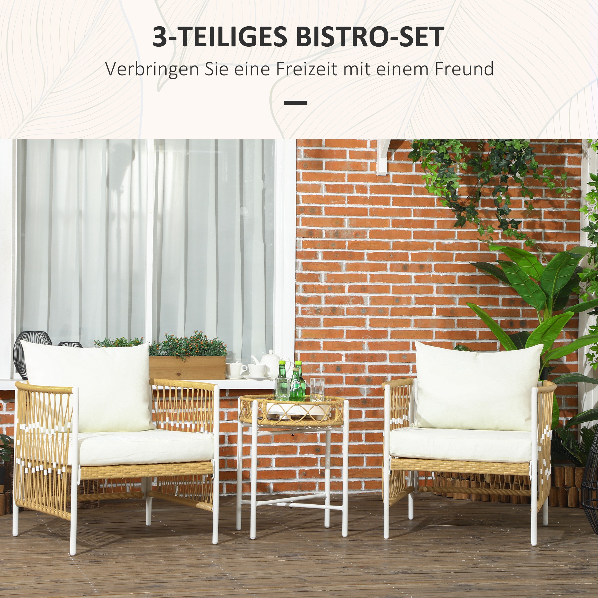 3-teiliges Bistro-Set Gartenmöbel-Set Gartensitzgruppe, PE-Rattan, 72 cm x 66 cm x 64 cm, Gelb+Creme