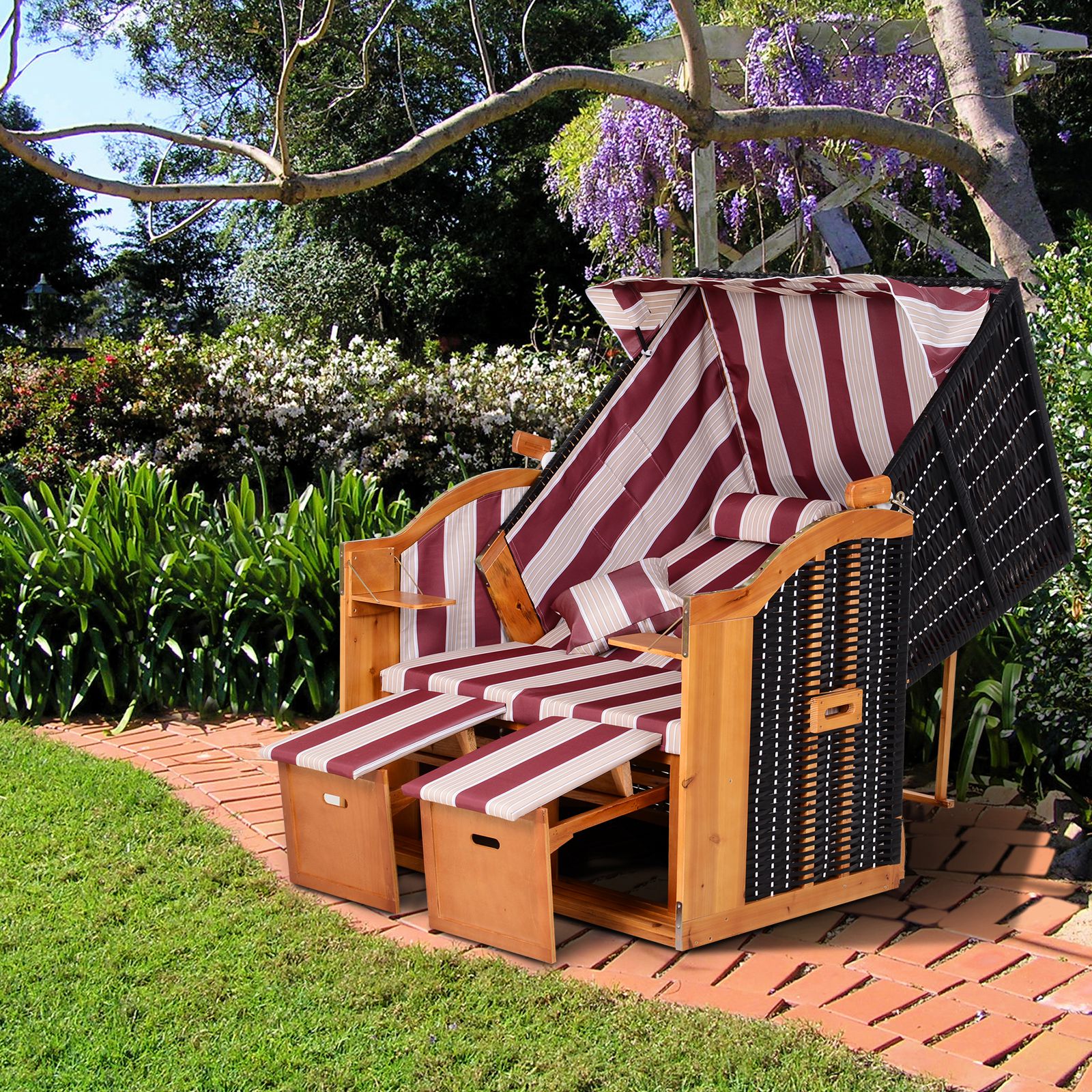 Strandkorb Ostsee Volllieger 2-Sitzer Strandkörbe aus Tannenholz, 5-stufige verstellbare Rückenlehne, Strandkorb mit Fußbänkchen Seitentische, PE Geflecht, Strandstuhl für Balkon, Rot+Weiß