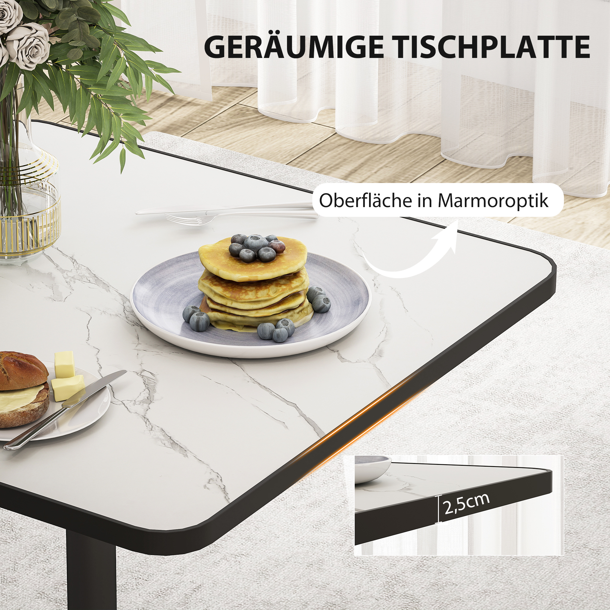 Esstisch, 70 x 70 cm quadratischer Küchentisch für 4 Personen mit Marmor-Optik für Küche Weiß