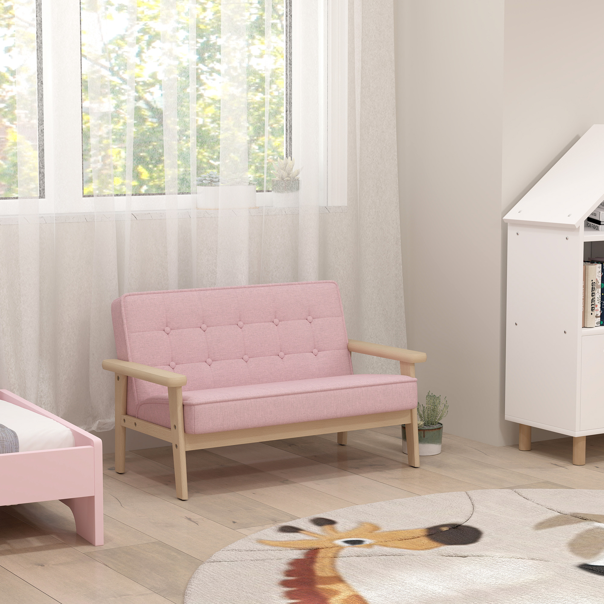 Kindersessel, Kindersofa mit Holzrahmen, Samtoptik, gepolstert, für Kinder von 3-15 Jahren Rosa