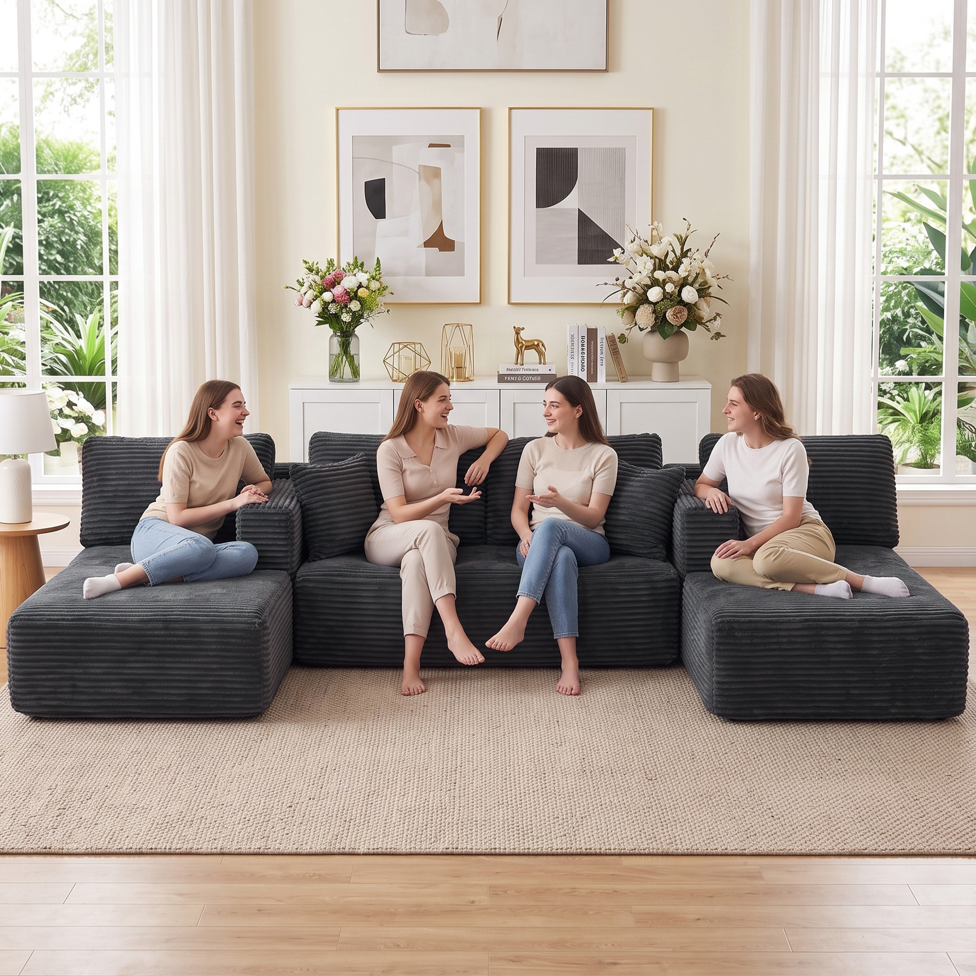 Modulares U-Sofa mit 2 Chaiselongues, Cord-Schlafsofa mit hochdichtem Schaumstoff und Federpolsterung, Dunkelgrau