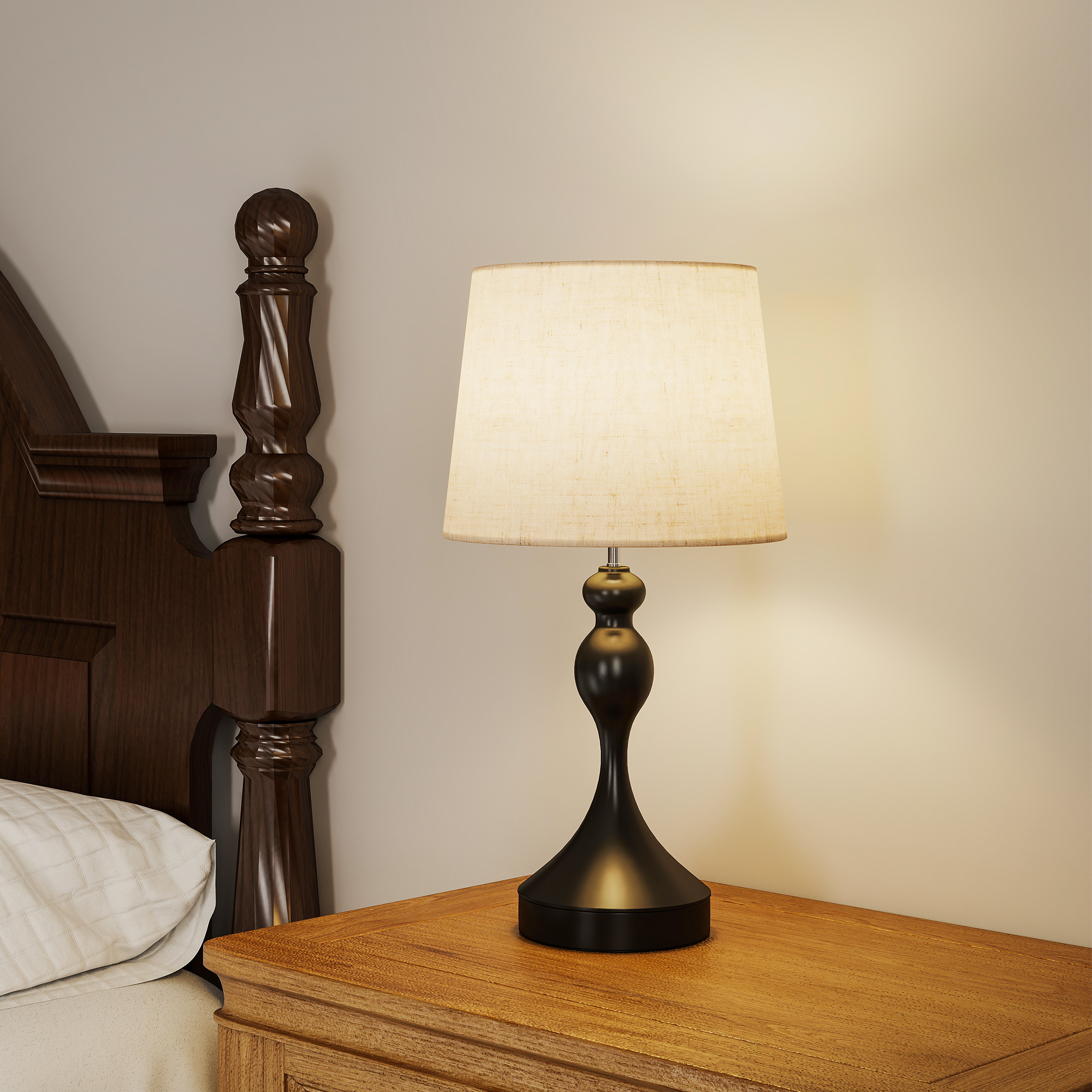 Tischlampe LED Tischleuchte mit 3 Farbtemperaturen, Nachttischlampe mit USB A+C Ladeanschlüssen, Leinenschirm, Schwarz