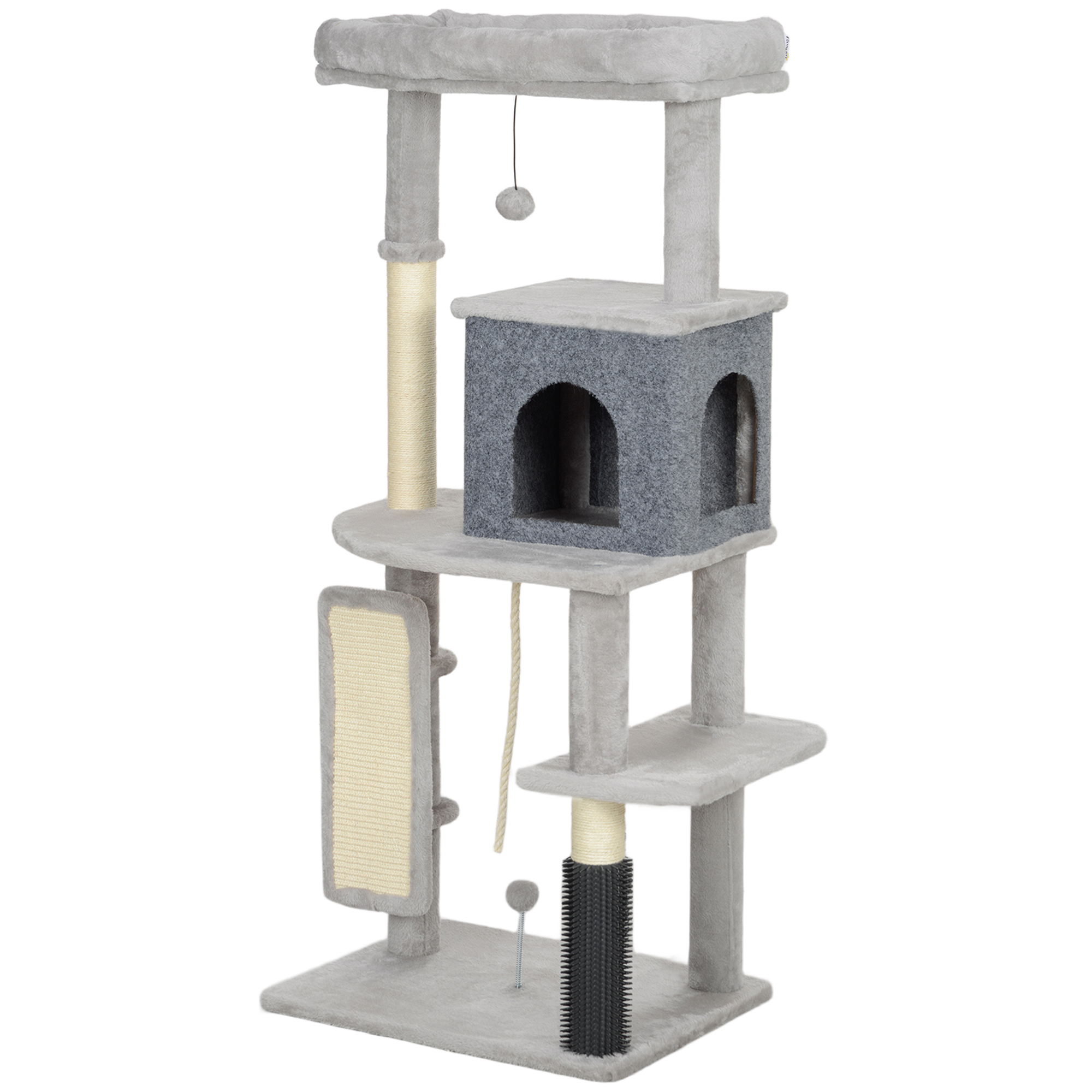 132 cm Katzenbaum mit Kratzpfosten, Bett, Haus, Sprungplattformen, Pflegebürste, Hellgrau 132 cm Katzenbaum mit Kratzpfosten, Bett, Haus, Sprungplattformen, Pflegebürste, Hellgrau