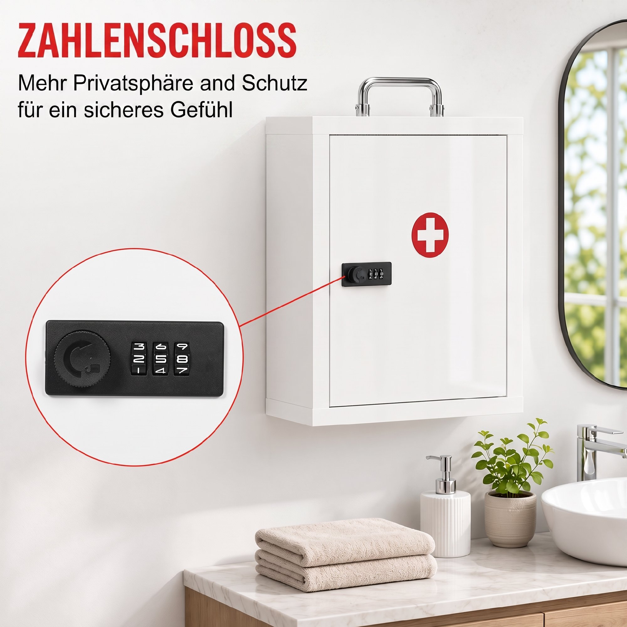 Medizinschrank zur Wandmontage mit Zahlenschloss, 3 Ebenen, abschließbarer Erste-Hilfe-Schrank aus Stahl, Weiß