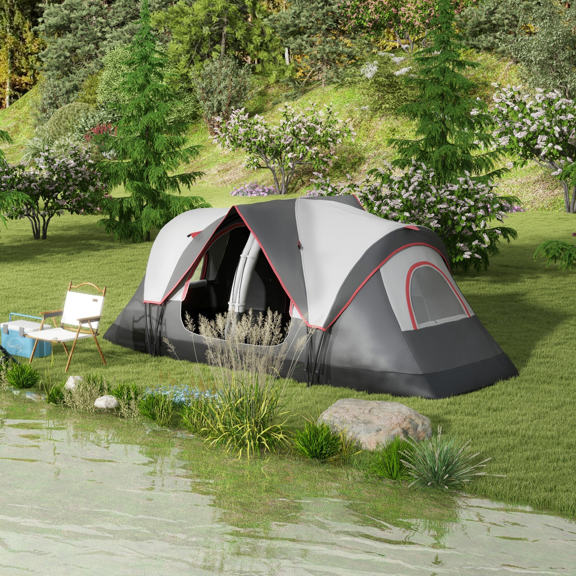 Campingzelt, 2 Räume, Trennwand, für 6-8 Personen, Regenschutz, Grau