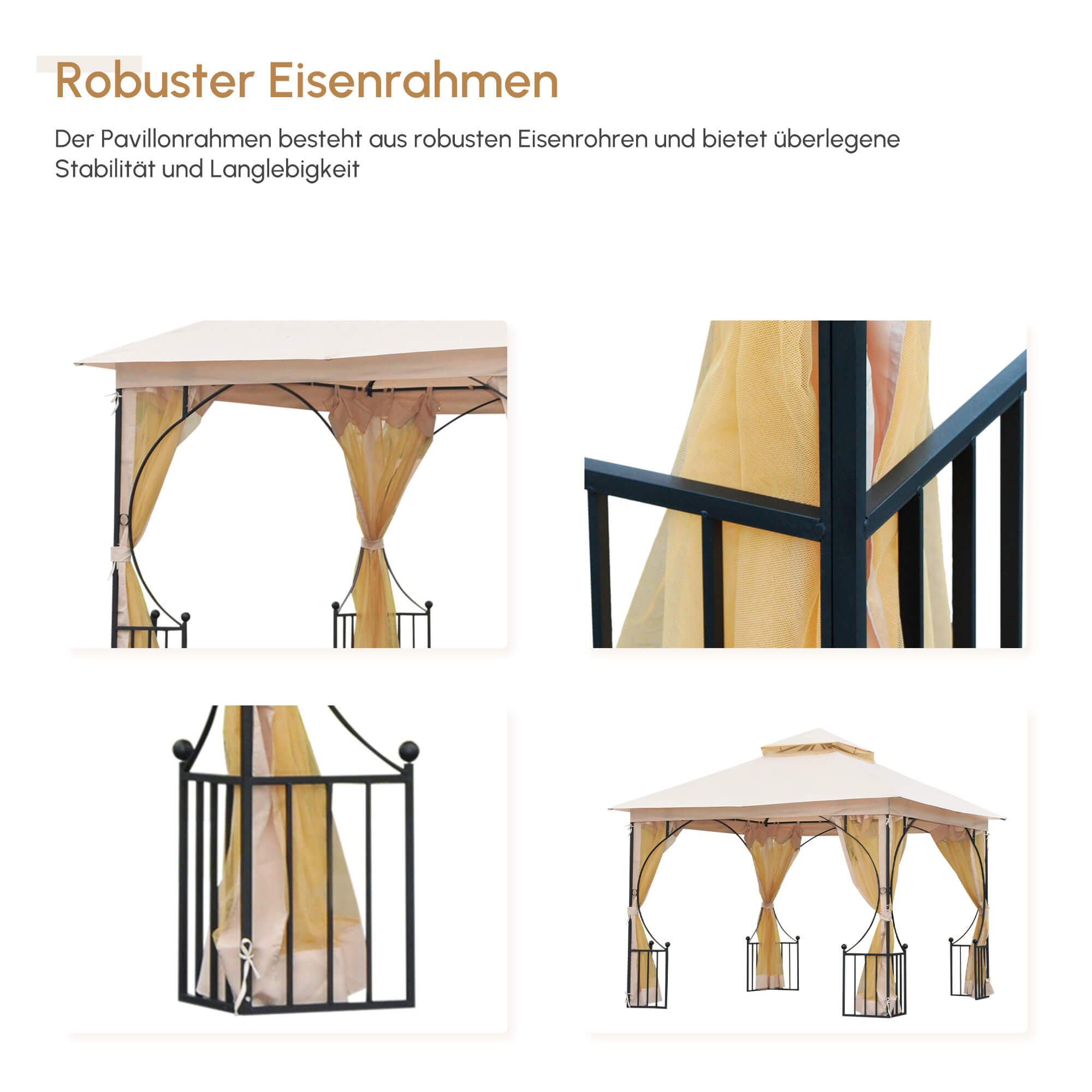 Gartenpavillon Gartenzelt,  inkl. Befestigungsmaterial, wetterbeständig, 295 cm x 295 cm x 275 cm. Beige + Schwarz