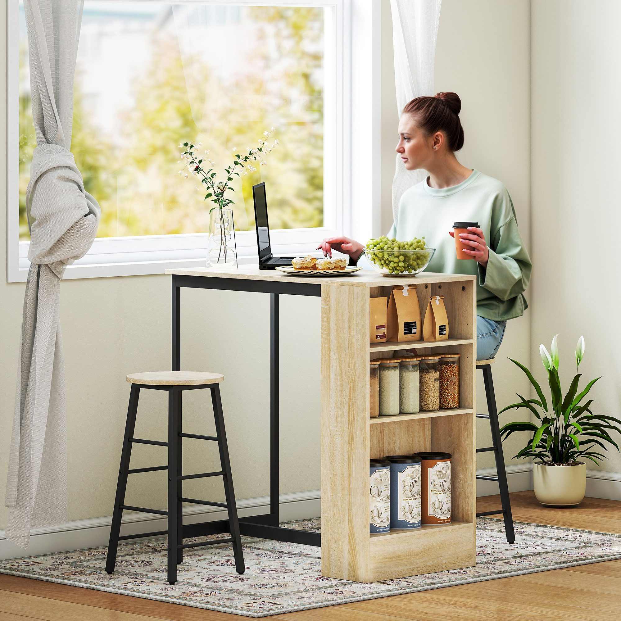 3-teiliges Bartisch-Set, 1 Tresen, 2 Stühle, mit Stauraum und Fußstützen, platzsparend, Hellbraun+Schwarz