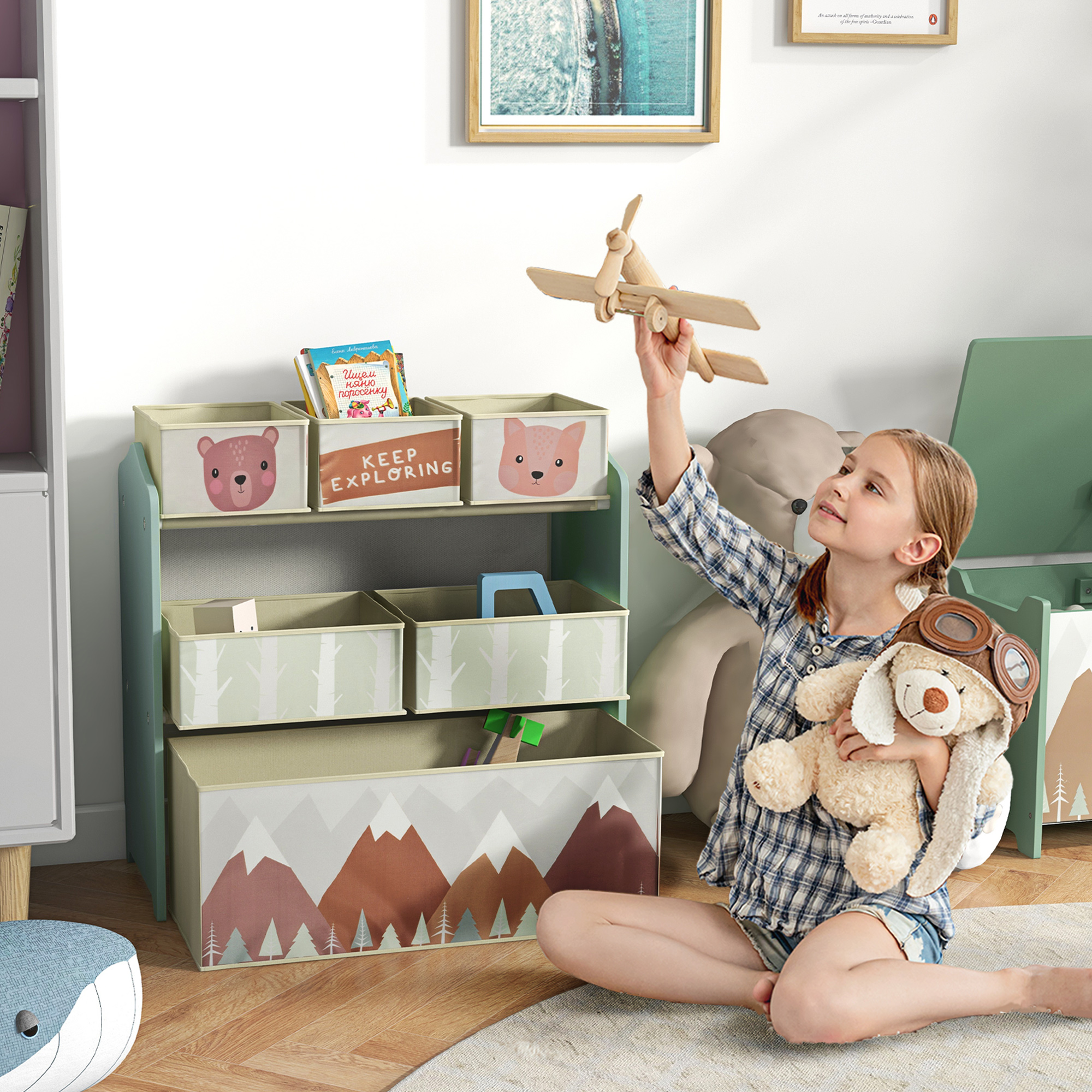 Kinderschrank mit 6 Stoffboxen, niedliches Motiv, 63x30x66 cm, Grün