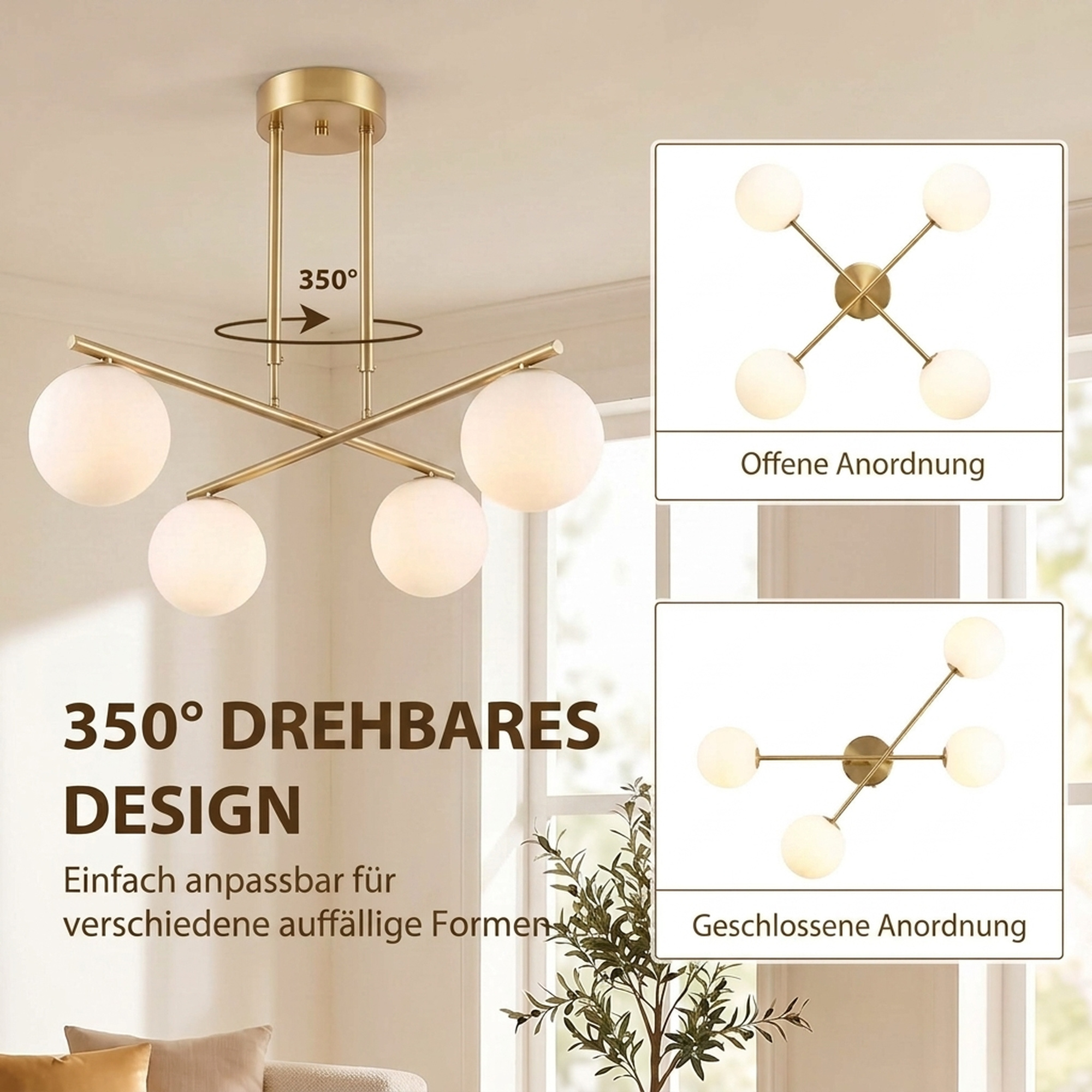 moderne Hängeleuchte mit 4 Kugelschirmen, höhenverstellbar und 350° drehbar, Weiß