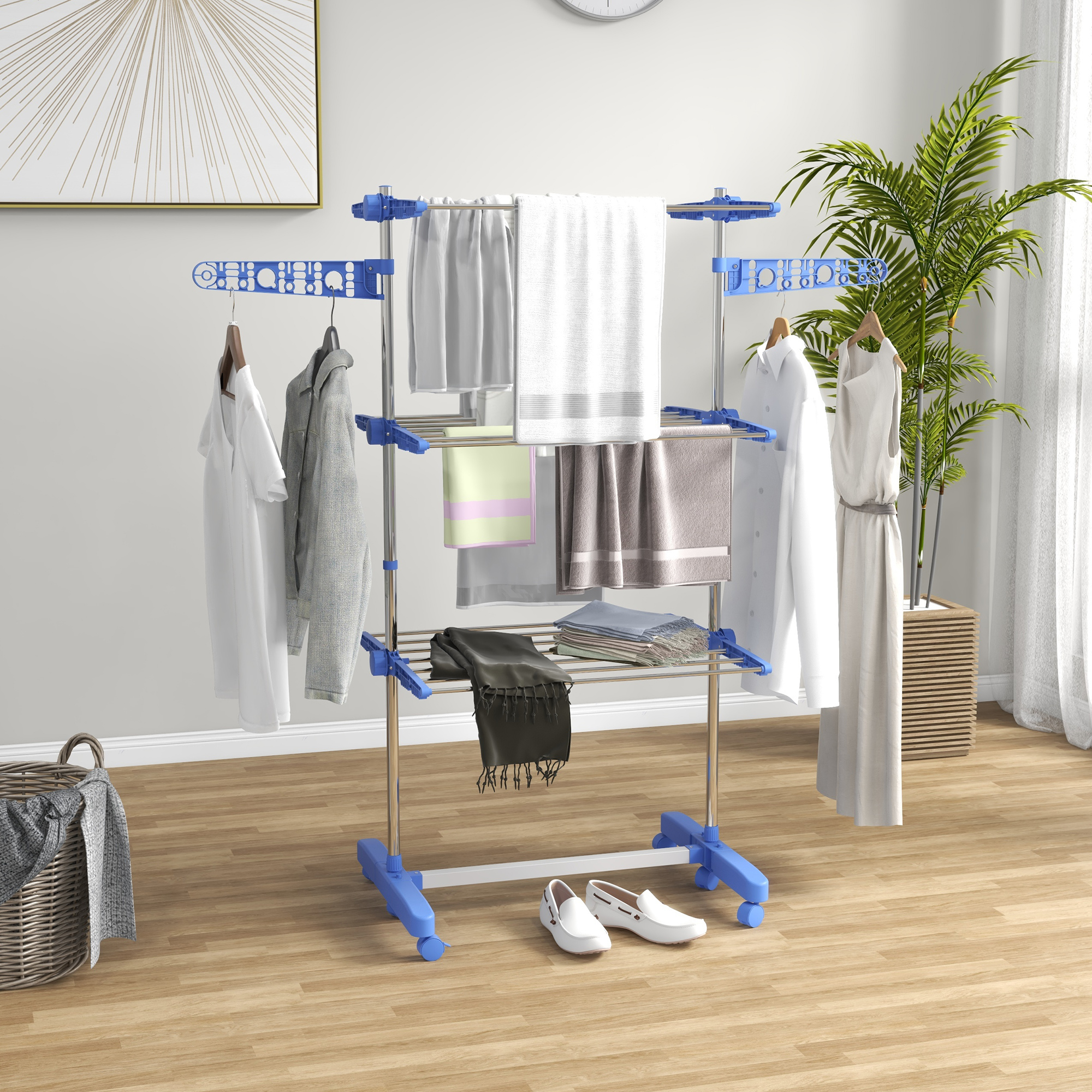 Wäschenständer Wäschetrockner. 4 Ebenen, klappbar, One-Klick-System, 142 cm x 55 cm x 152 cm Blau + Silber