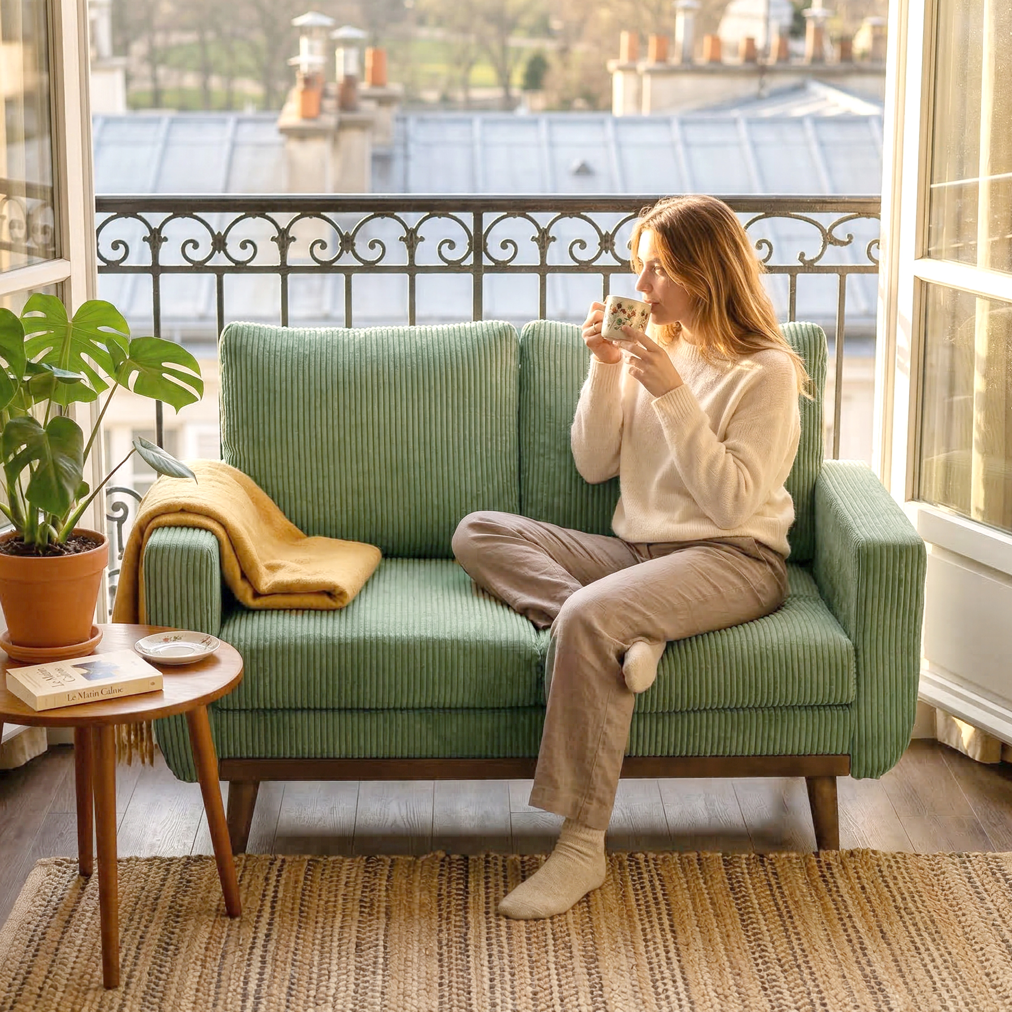 2-Sitzer-Sofa, 134 cm Cord-Sofa mit Taschenfedern, dicker Rückenlehne, Holzlatten-Akzent, Grün