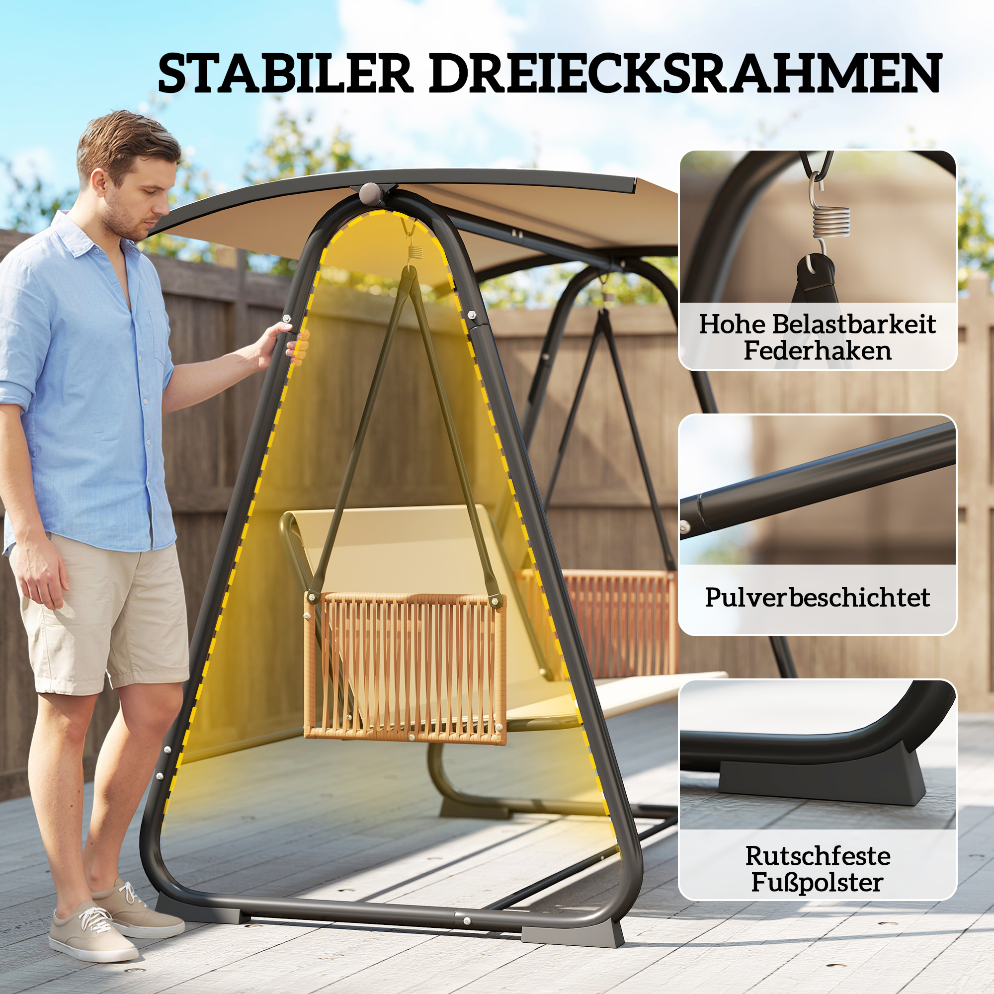 Hollywoodschaukel, 3-Sitzer Gartenschaukel mit verstellbar Sonnendach abnehmbar atmungsaktiv Sitzauflage