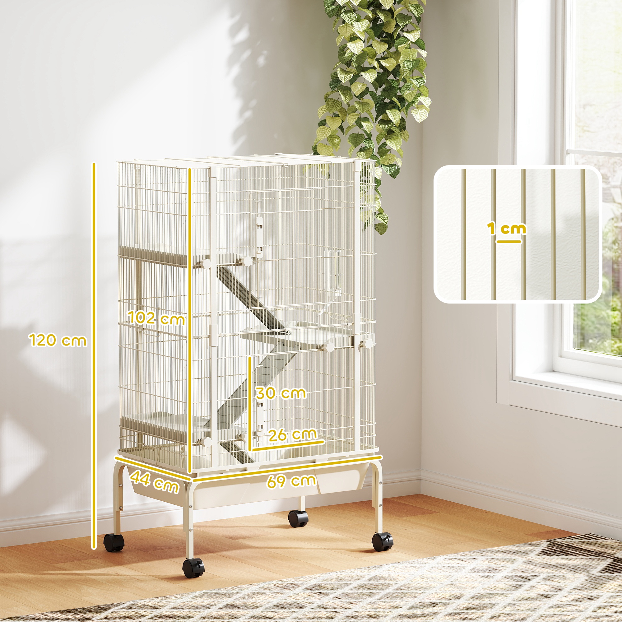 Kleintierkäfig, Haustierkäfig mit 4 Ebenen, Futterschale, Wasserflasche, 88 x 48 x 150,5 cm, Beige