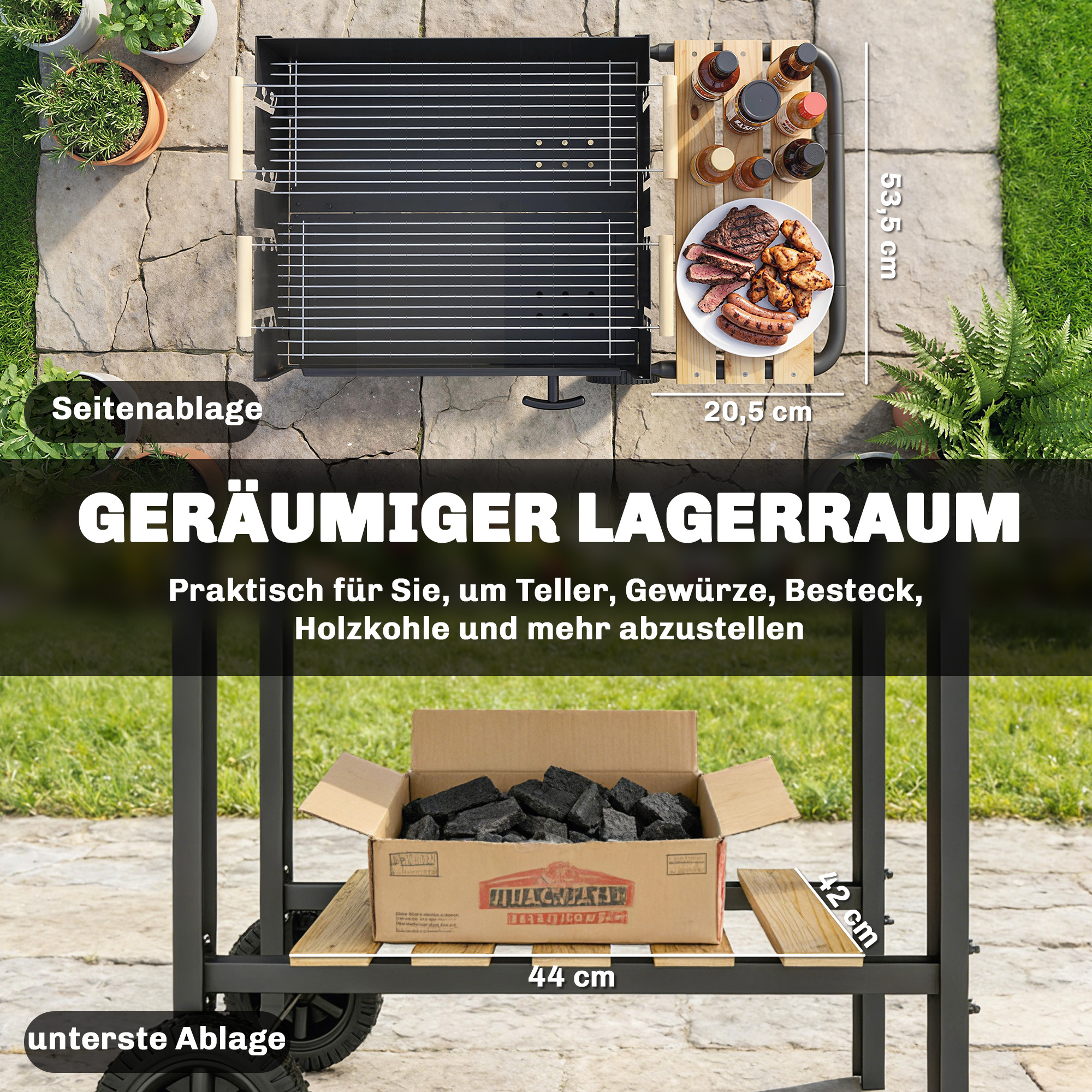Holzkohlegrill Grillwagen mit 4-fach höhenverstellbarer Grillrost 2 Holzablage 2 Räder Aschebehälter 99,5 x 58 x 82 cm
