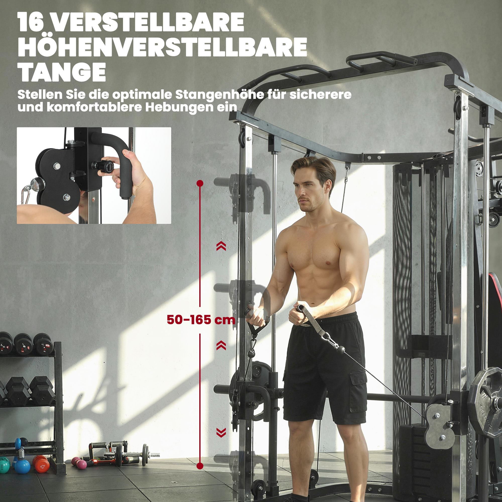 Kraftstation Fitnessstation mit 65kg Gewichten, Latzug, Butterflystange, verstellbar Preacher Bank, Beintrainer