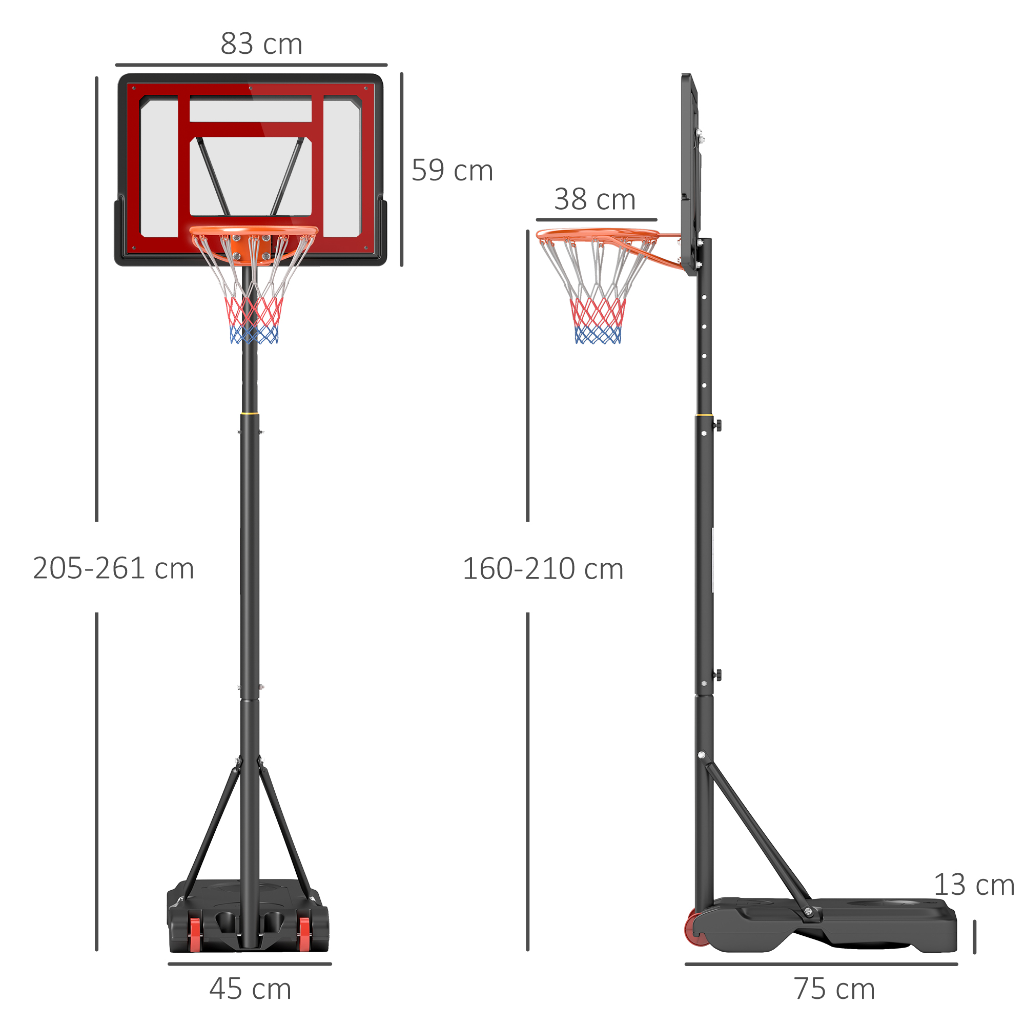 Rollbarer Basketballständer, Verstellbarer Basketballkorb, freistehend, Kunststoff, Stahl, 75L x 83B x 205-261H cm