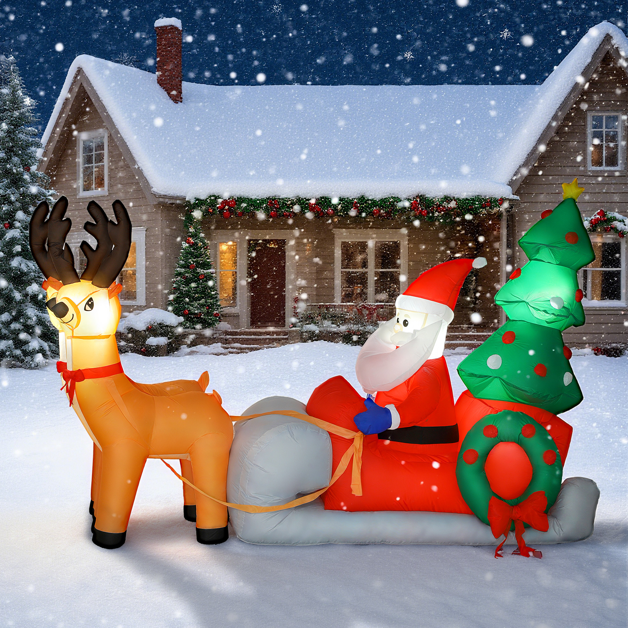 Aufblasbare Weihnachtsdekoration, Weihnachtsmann in Rentierschlitten, Polyesterstoff, LED-Lichter, Bunt