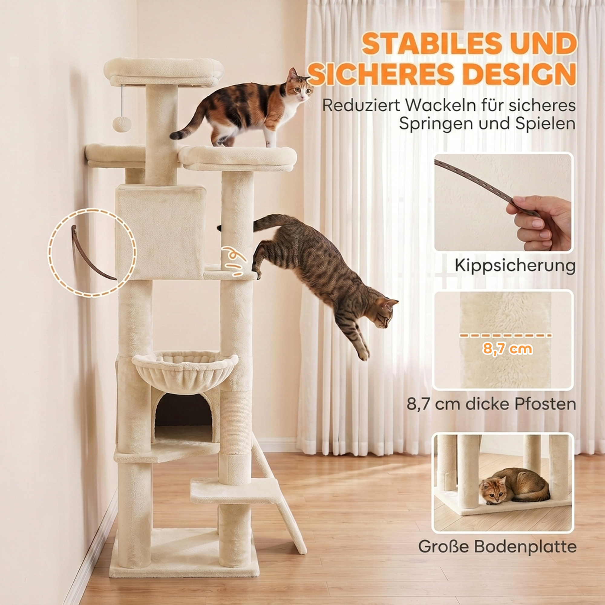 Kratzbaum Groß 184 cm hoch Katzenbaum mit 3 Kratzstämmen Liegeflächen Spielball Hängematte Leiter, Katzen unter 6 kg