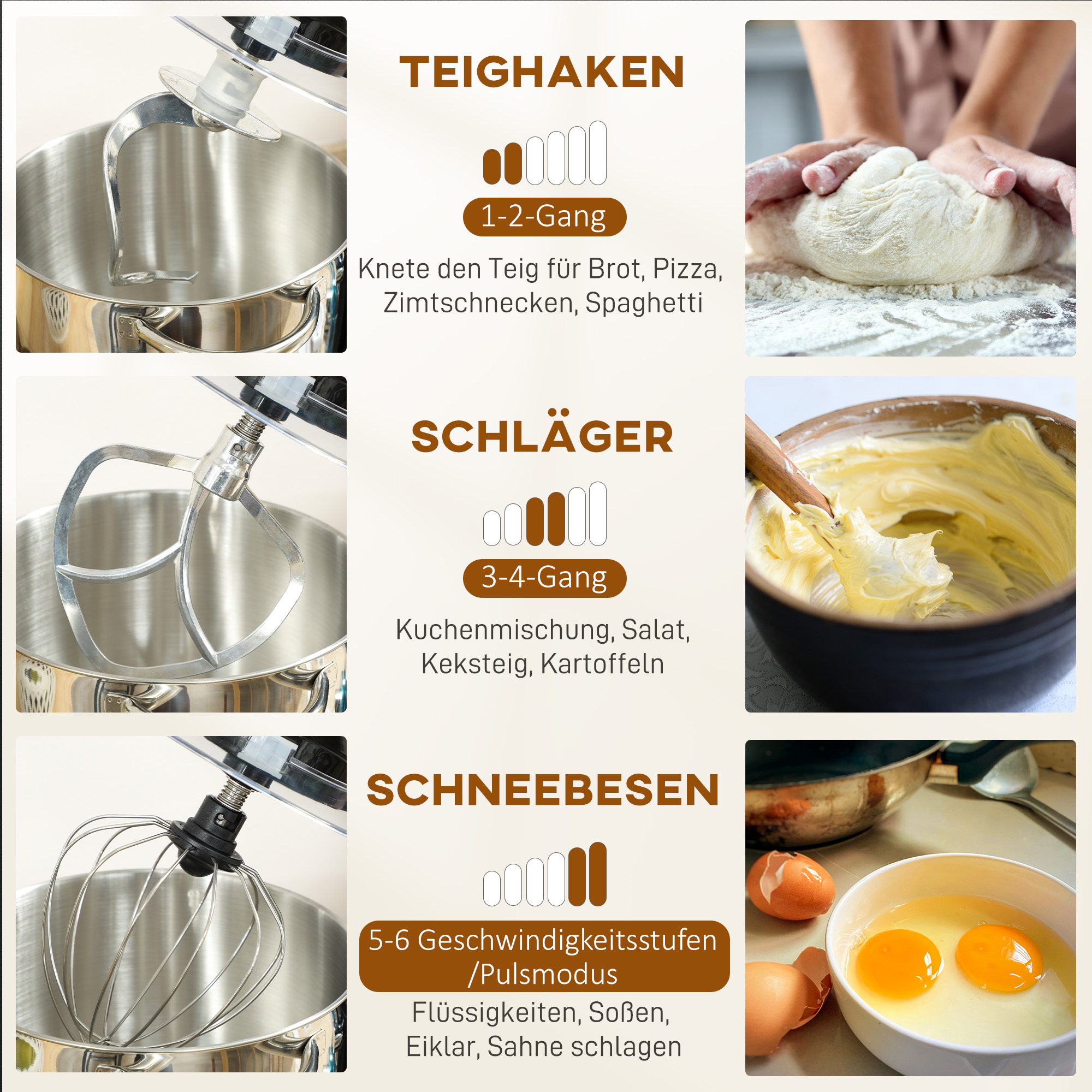 Küchenmaschine Knetmaschine mit 7L Edelstahlschüssel 1400W mit Kippkopf, Knethaken, Schneebesen, Rührbesen