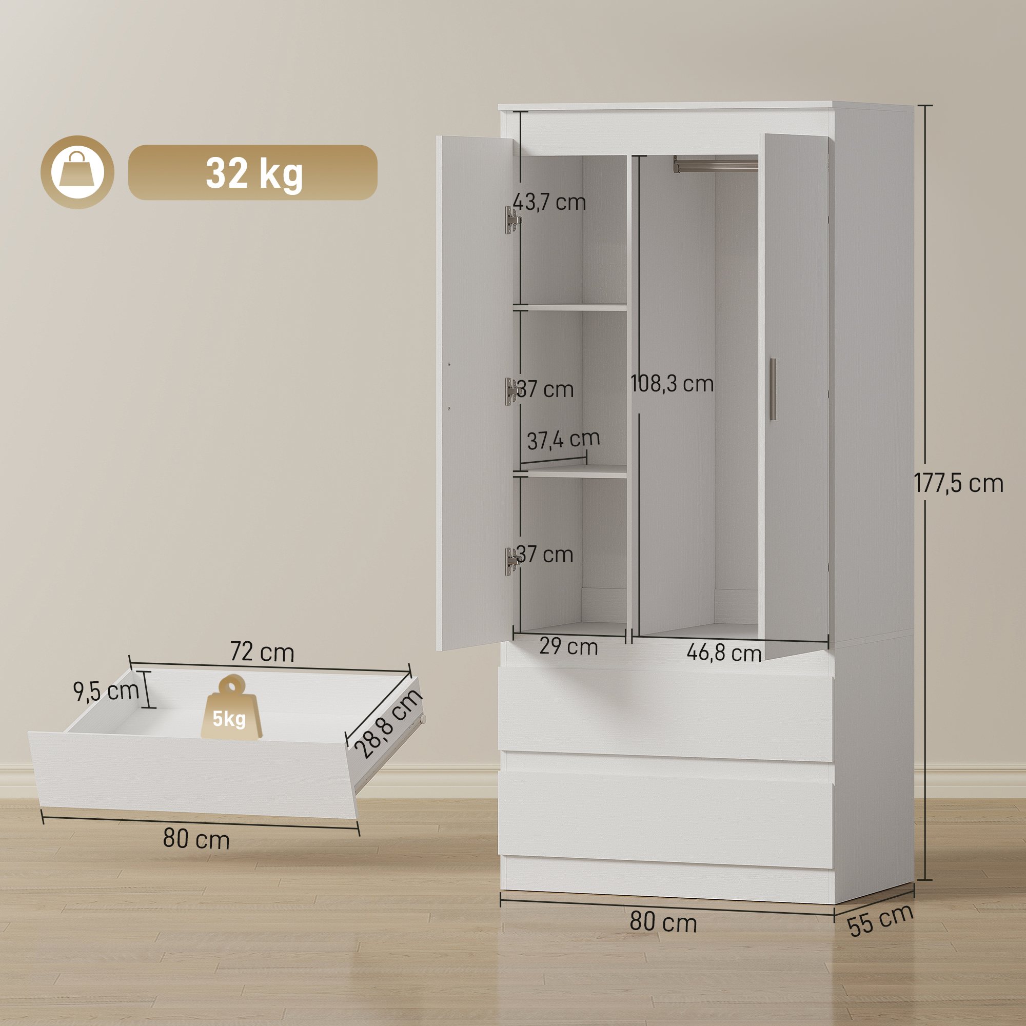 Schlafzimmer-Garderobe mit 2 Türen, 2 Schubladen, 3 Fächer, Holz, Weiß
