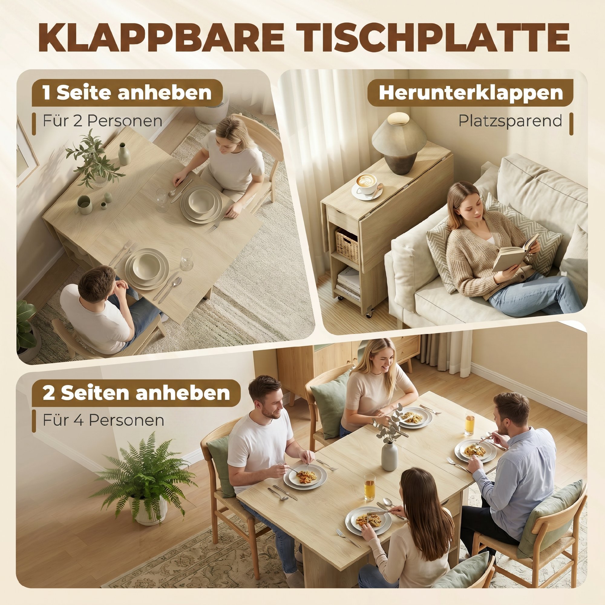 klappbarer Esstisch für 2-4 Personen, Rollbarer Tisch mit offenem Fach und Schublade, ideal für kleine Räume, Natur