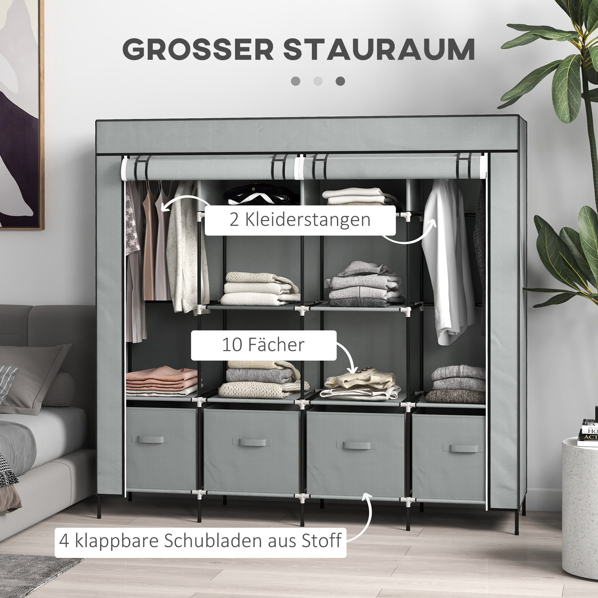 Kleiderschrank Stoffschrank, Türen, 2 Kleiderstangen, 10 Fächer, Grau