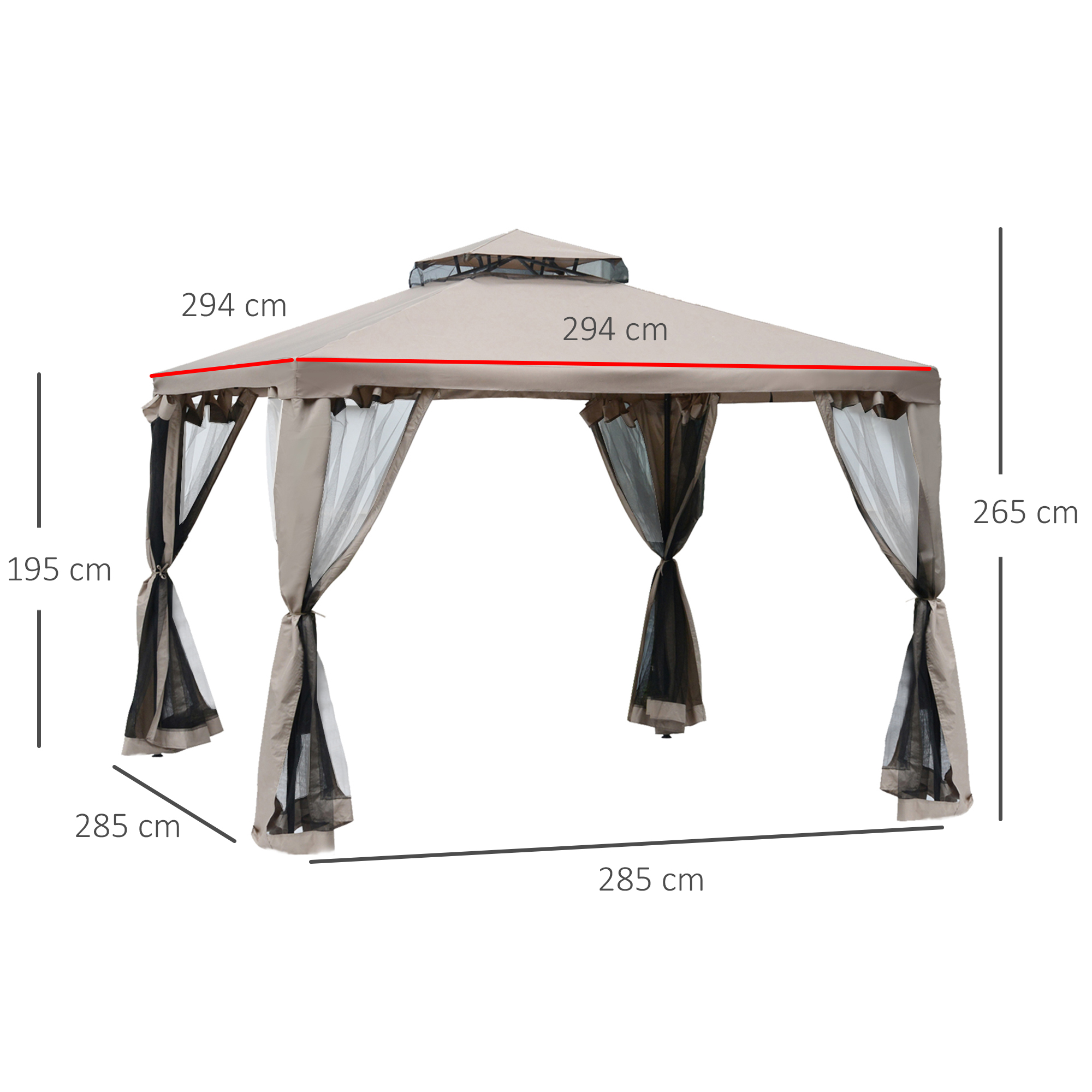 Gartenpavillon Pavillon Gartenzelt Festzelt Partyzelt mit 4 x Seitenwand wetterfest Metall + Polyester Grau 2,94 x 2,94 x 2,65 m