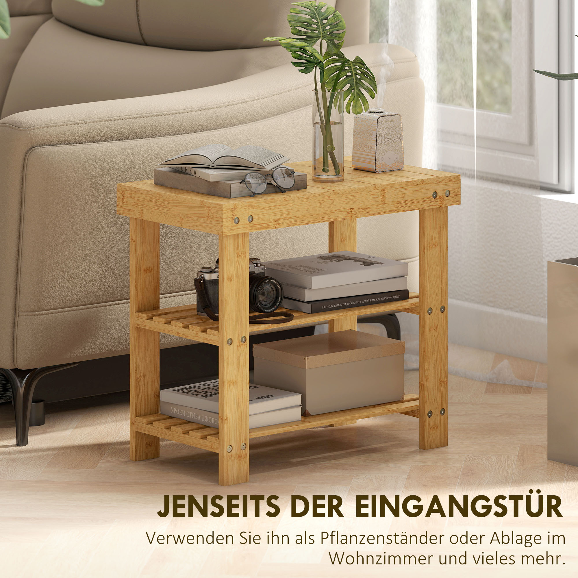 Schuhbank aus Bambus, Schuhregal mit 2 Ablagen, Sitzfläche, für Flur, Eingangsbereich, 50x28x45cm, Natur