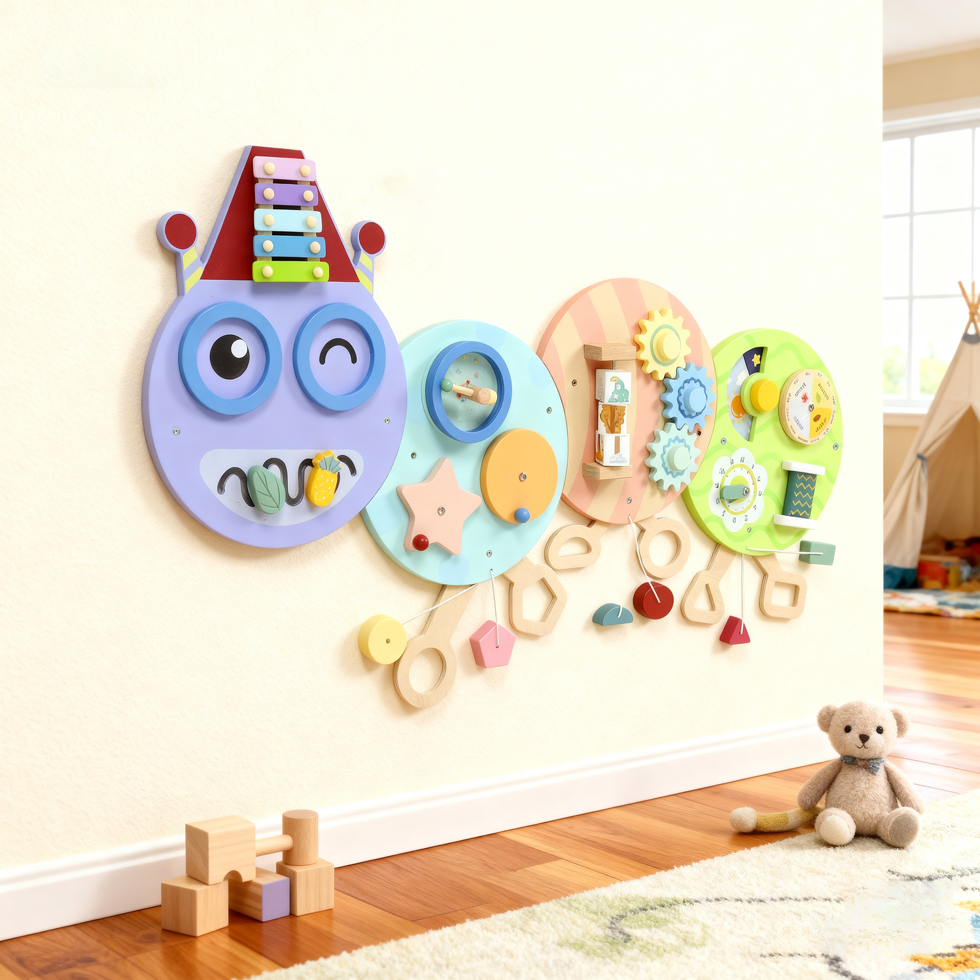 7-in-1 Wandspielzeug, Xylophon, Zahnräder, Raupen-Design, MDF, 108 cm, Bunt