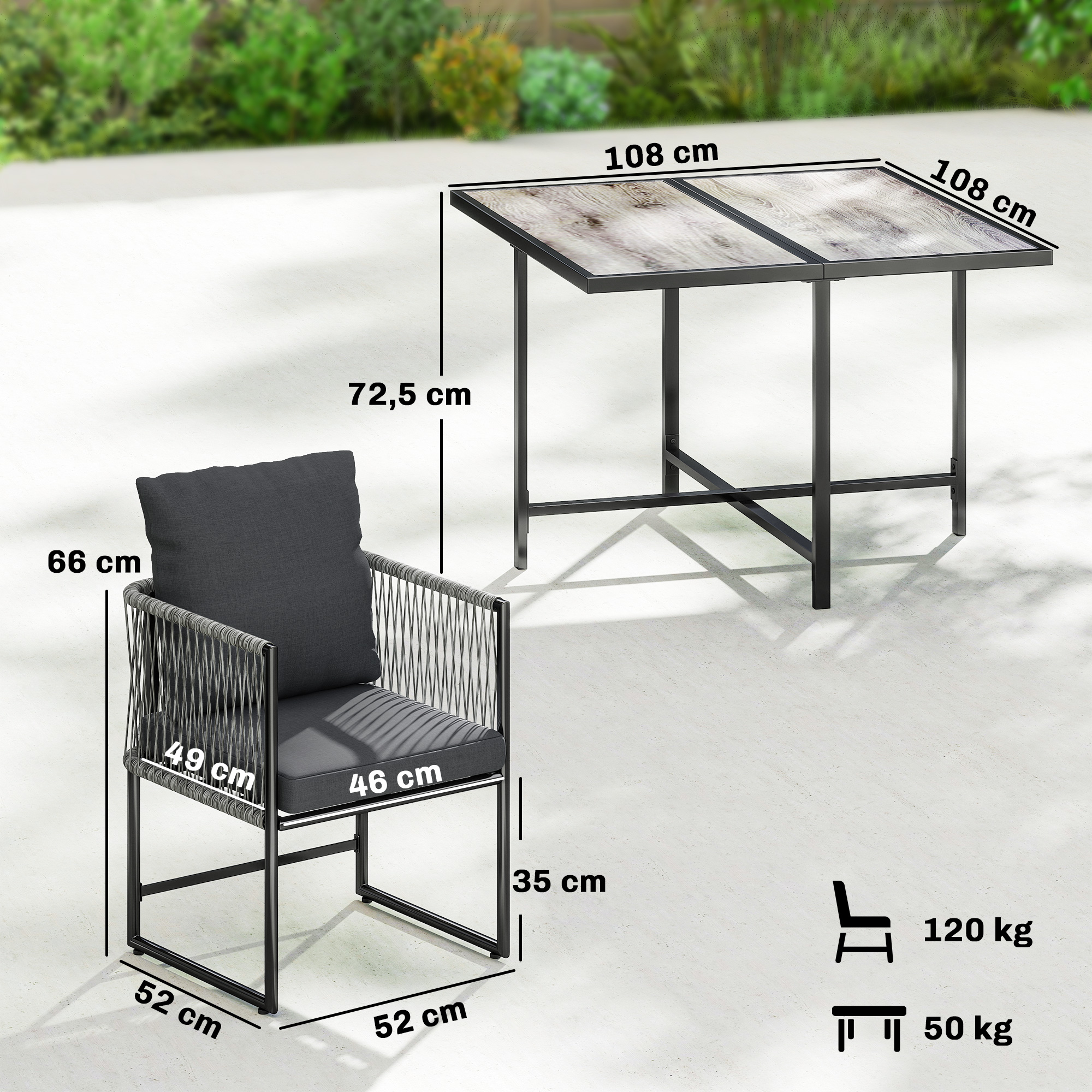 Polyrattan Gartenmöbel Set 5-teilig Platzsparend Sitzgruppe Tisch mit 4 Stühlen DPC-Tischplatte Kissen Grau