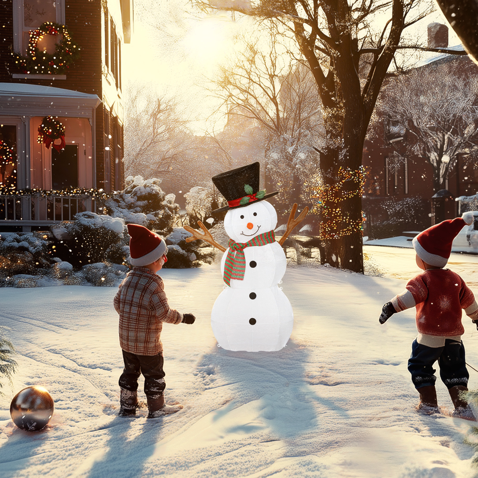 Fröhliche Schneemann-Dekoration für Weihnachten, Außendekoration mit LED-Lichtern, Stahl, Polyester, Weiß+Schwarz