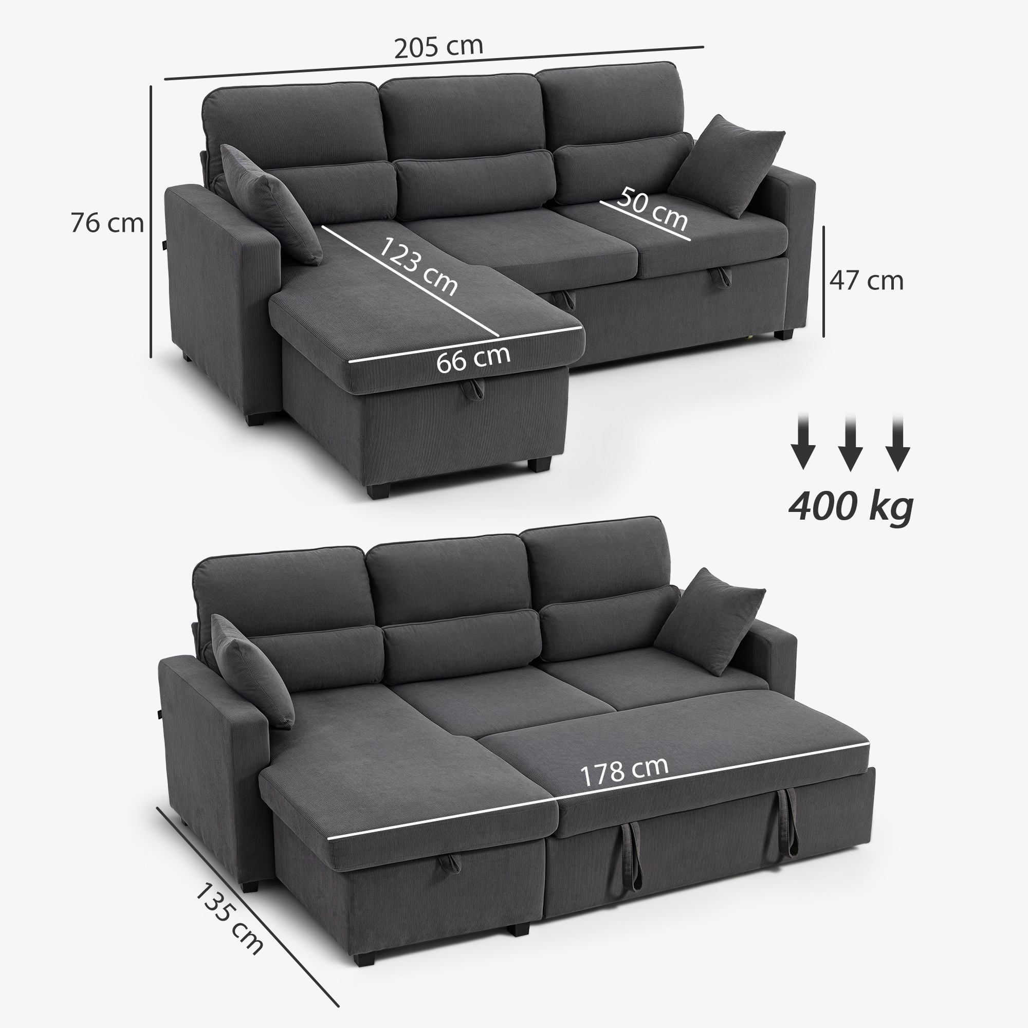 Verstellbares Bettsofa, L-förmiges Gästesofa mit Bettfunktion, Stauraum, Kissen, für Wohnzimmer, Gästezimmer, Dunkelgrau