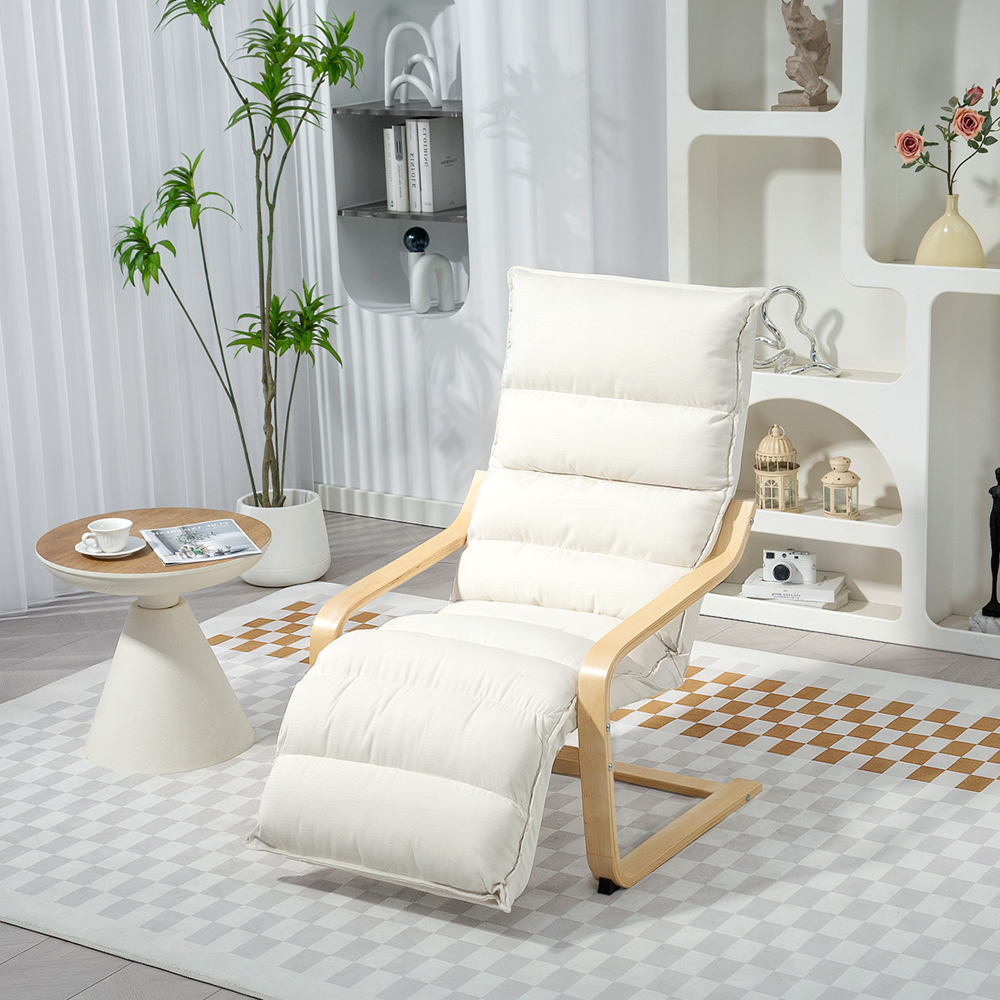 Lounge-Sessel aus Birkenholz, Polstersessel mit verstellbarer Fußstütze, Moderner Armlehnstuhl, Cremeweiß