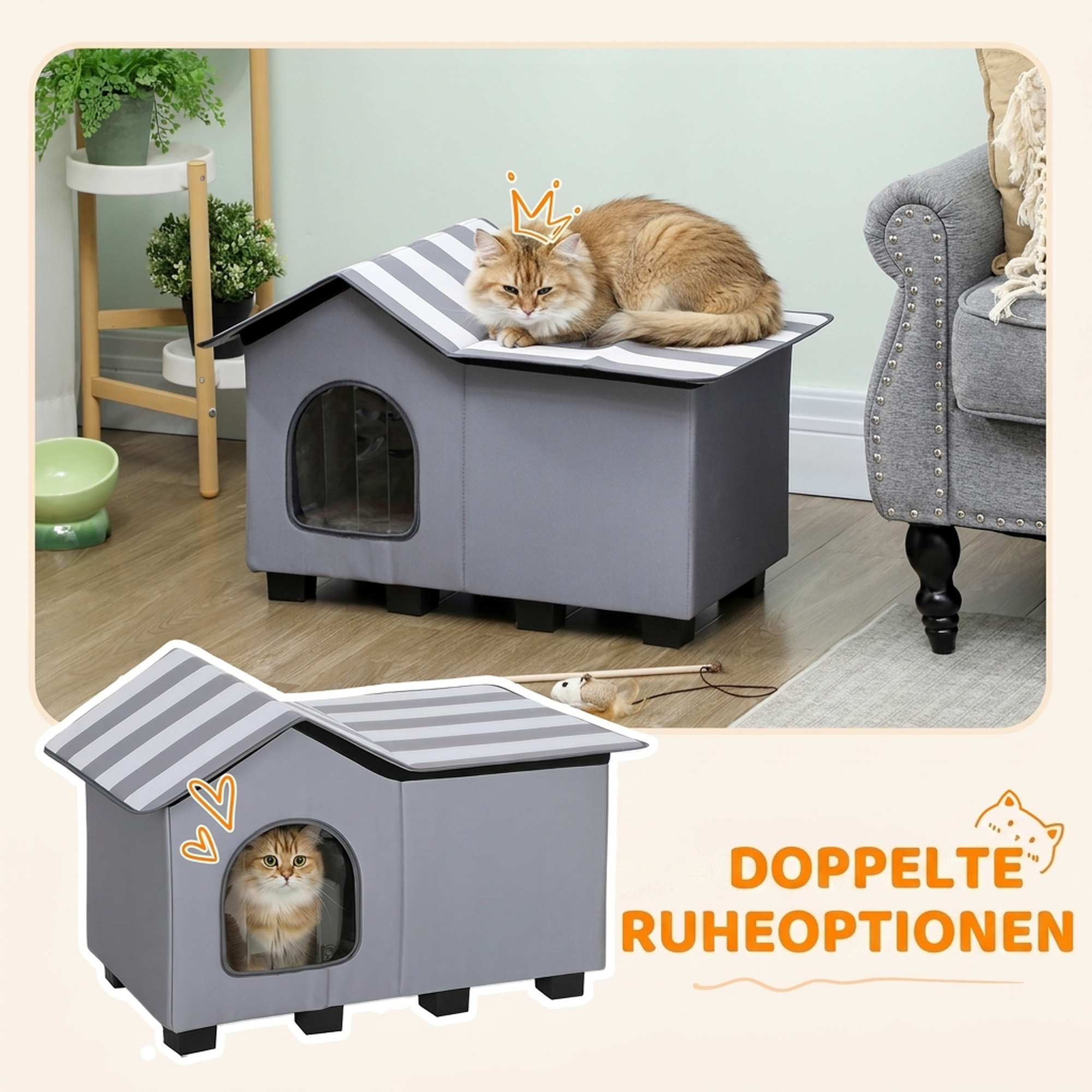 Katzenhaus Wasserabweisend Katzenhütte mit Abnehmbar Satteldach Wärmeisolierung Plattform 70x43x45 cm Oxforfstoff Grau