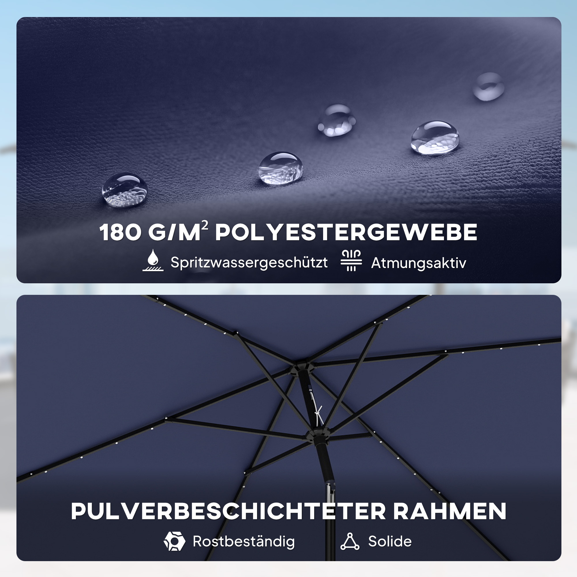 Sonnenschirm LED Solar ca. 300 x 200 cm knickbar Balkonschirm mit Kurbel Schutzhülle, UV Schutz, Drehbar Marineblau