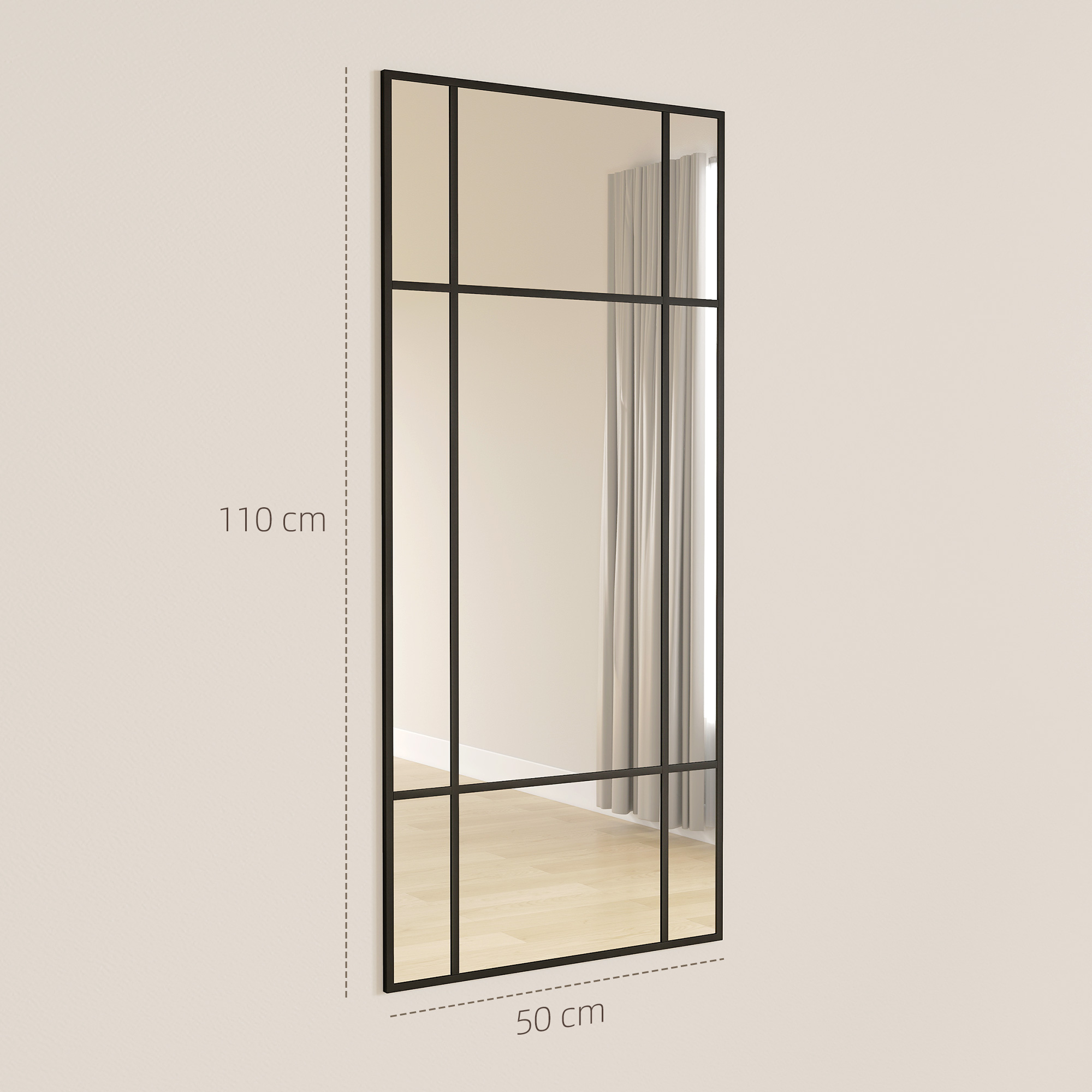 Wandspiegel, dekorativer Spiegel mit Metallrahmen, schwarze Streifen, Mehrschichtglas, 50B x 2T x 110H cm