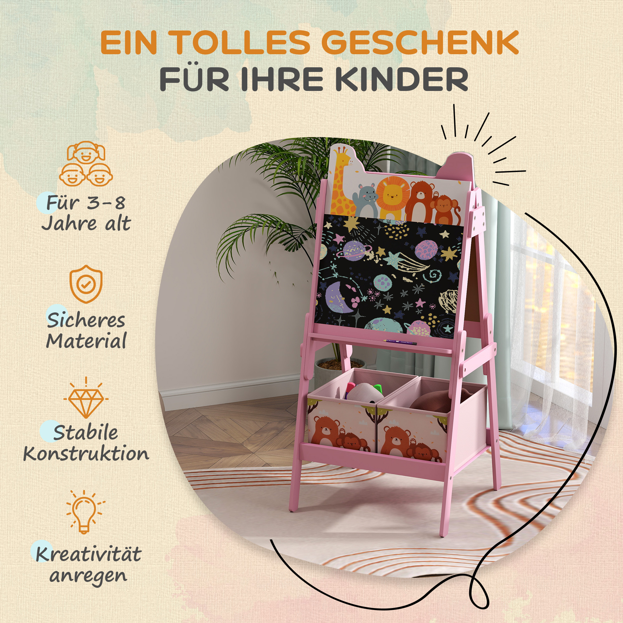 2-in-1 Kindermalstaffelei mit Whiteboard, Kreidetafel, Aufbewahrungsboxen, für Kinder im Alter von 3-8 Jahren, Rosa