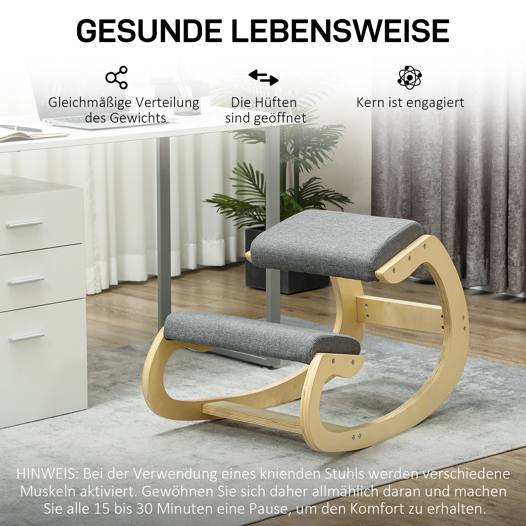 ergonomischer, schaukelnder Kniehocker für Homeoffice, zur Verbesserung der Körperhaltung, Grau
