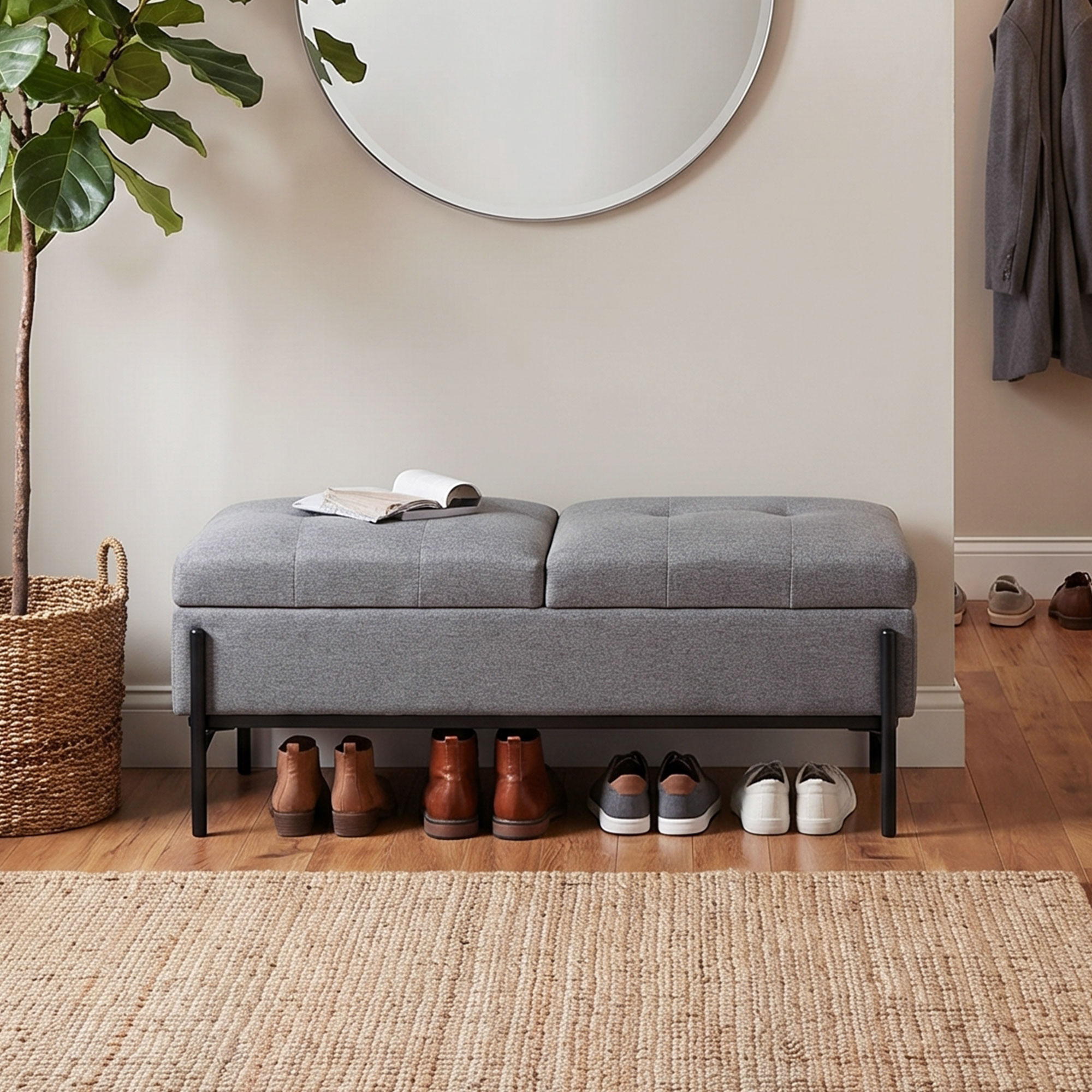 Sitztruhe aus Leinen, Bettbank mit 2 Fächern, klappbaren Deckeln und extra dicker Polsterung, 117 x 50 x 44 cm