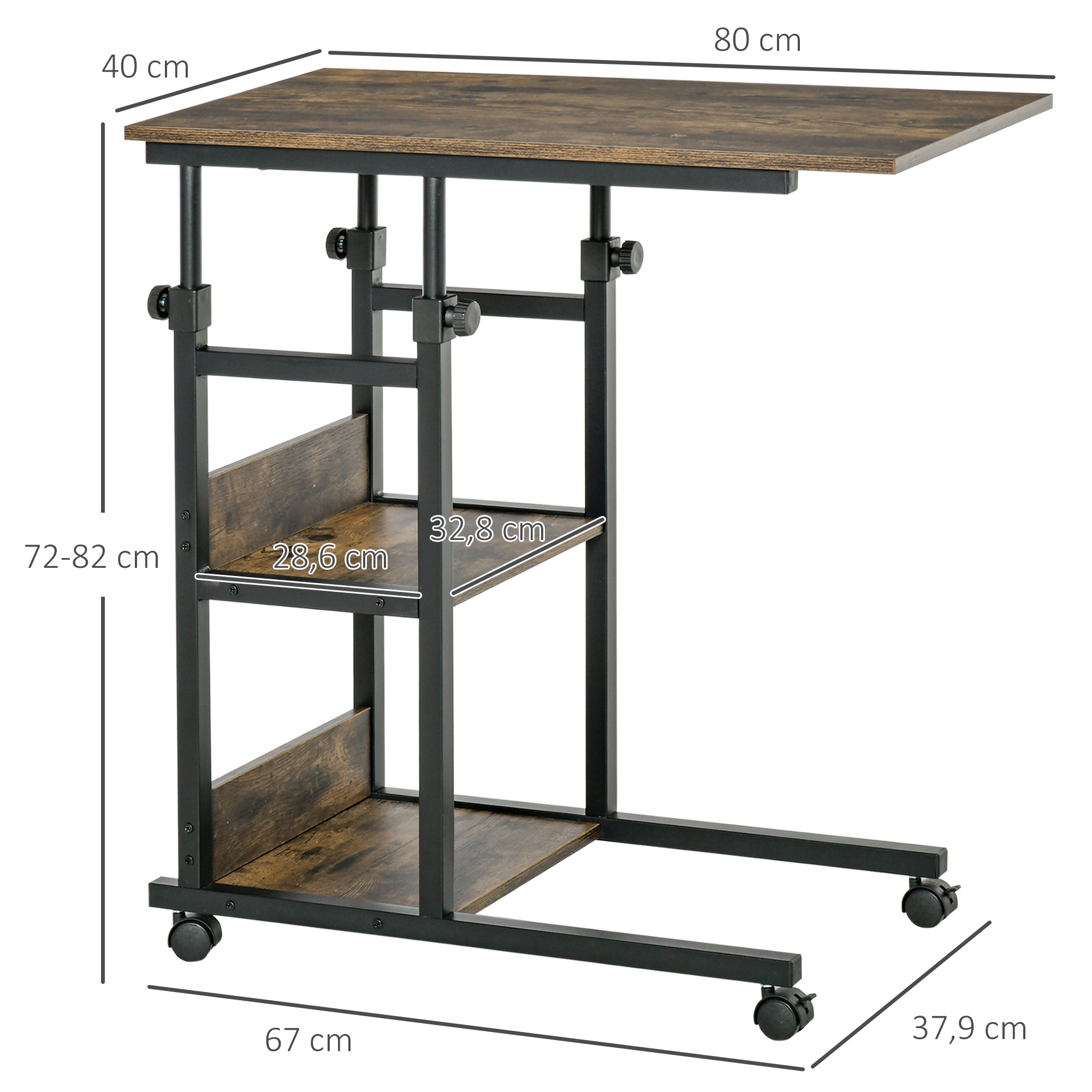 Beistelltisch mit Rollen, höhenverstellbar, kompakt, 2 Ablageböden, Metallrahmen, 80x40x72-82 cm, Braun