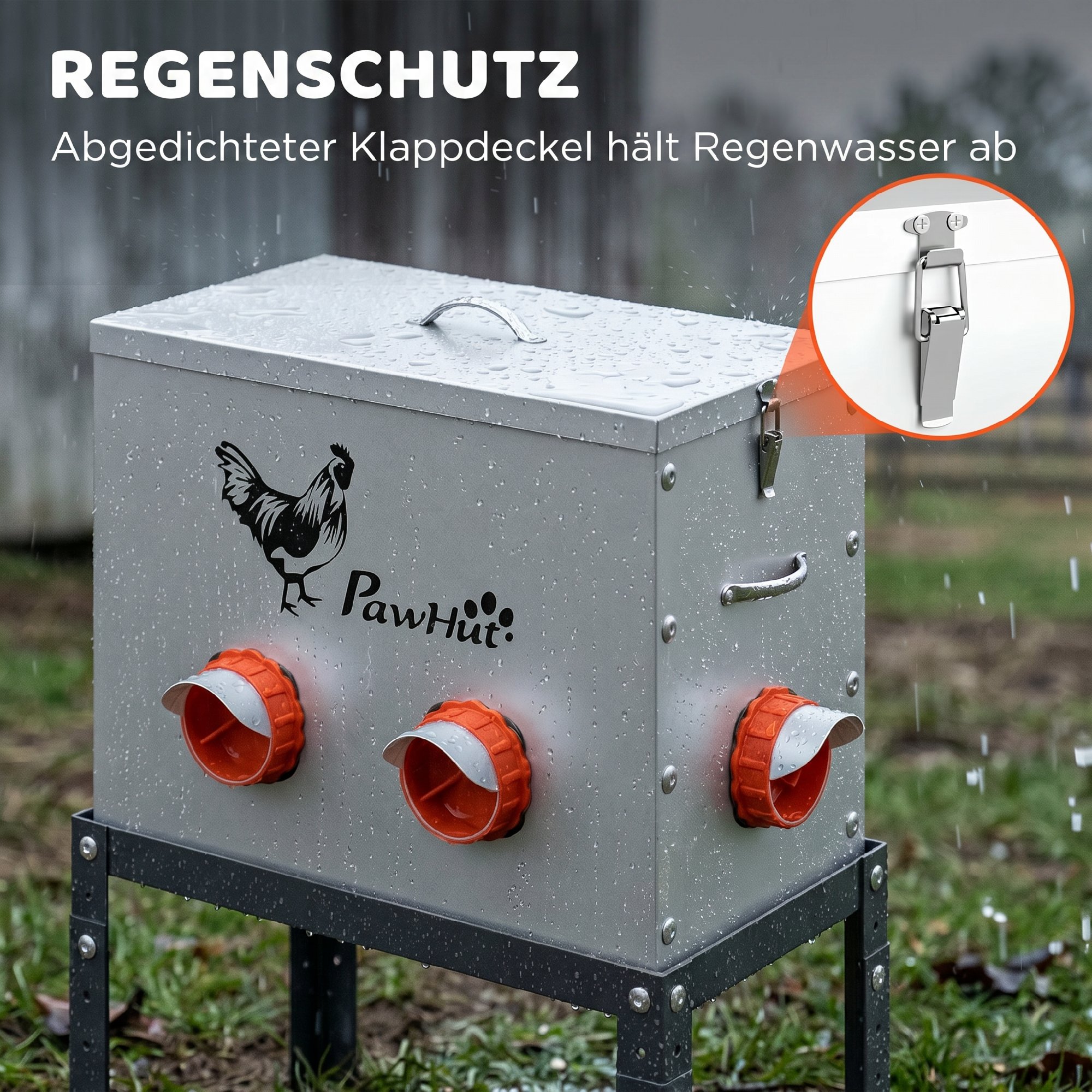 Futterautomat Hühner 18 kg Füllmenge mit abschließbarer Deckel verstellbarer Beine 6 Öffnungen 42x25x55,5 cm Silber