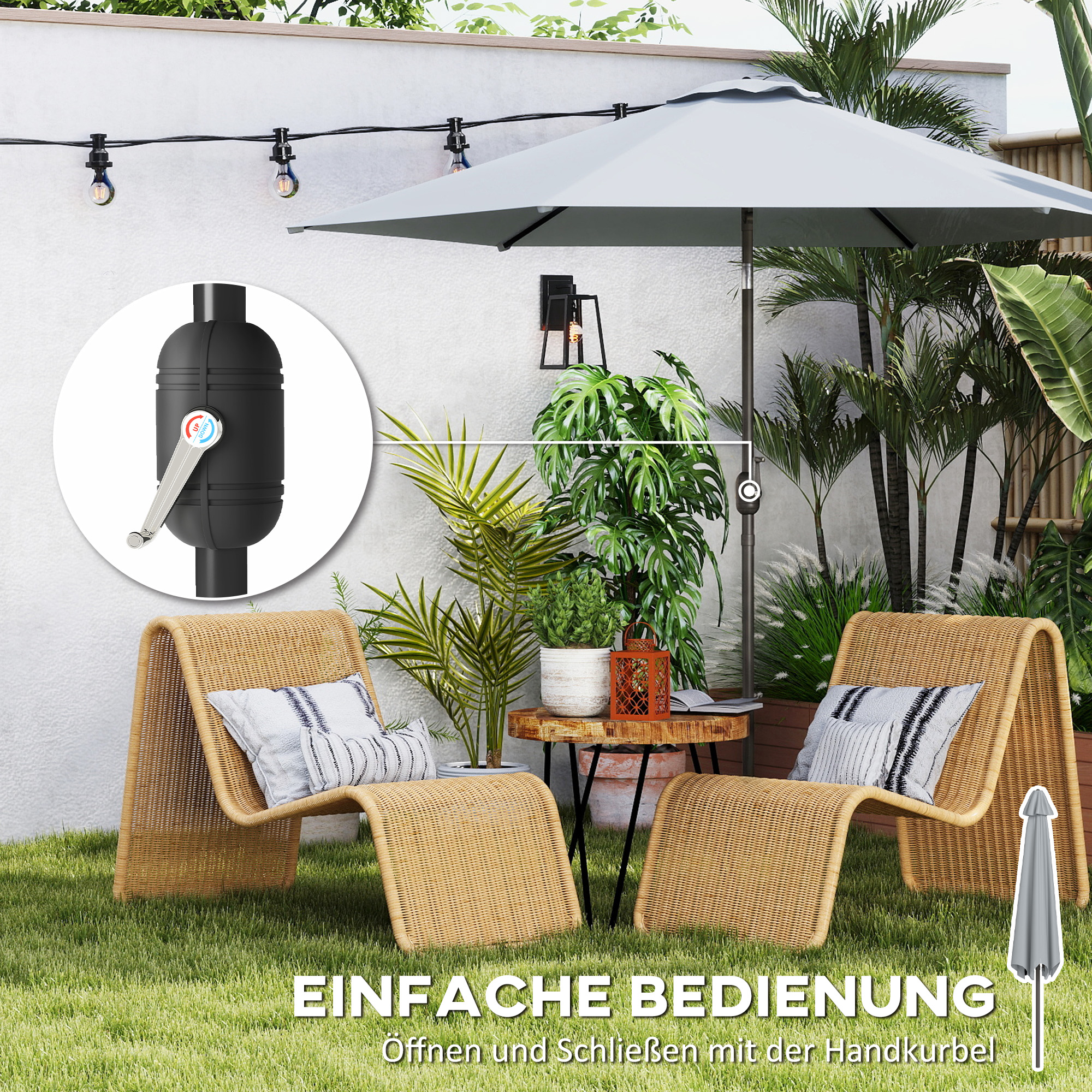 3 m Sonnenschirm mit Schutzhülle, Outdoor-Marktschirm mit Neigefunktion und Kurbel, Windöffnung, Grau